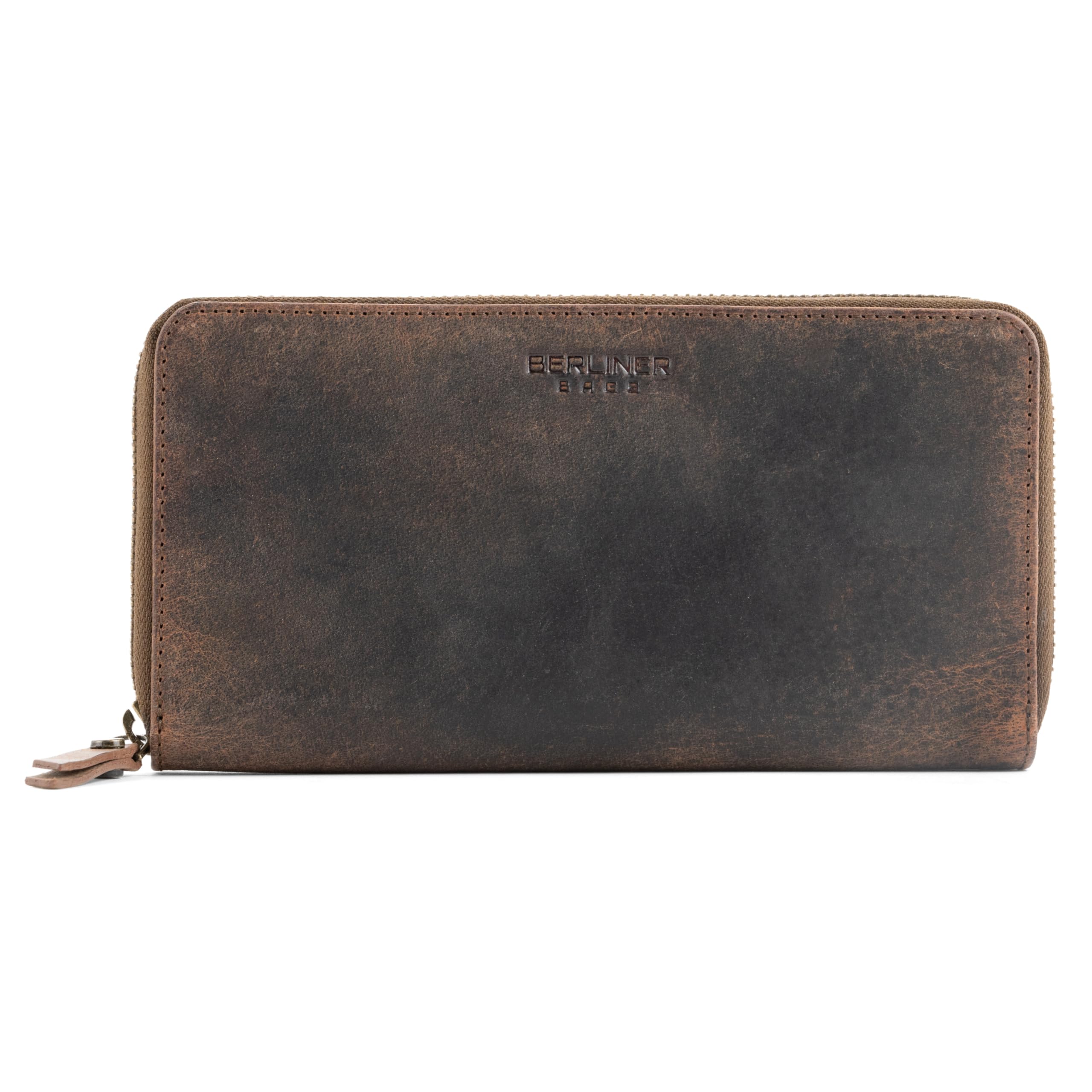 BERLINER BAGS Full Grain Leather Zip Wallet Women Margo, Gift Box – Brown
