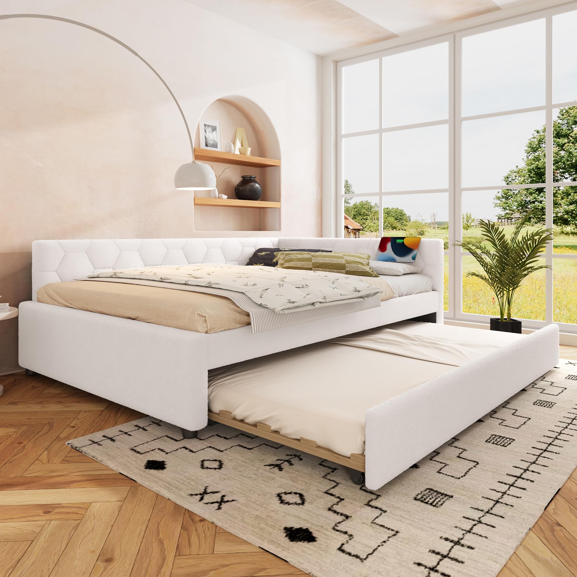 Letto Tessile 140x200cm con Sommier a doghe stabili e Struttura Letto Matrimoniale fissa divano letto estensibile secondo letto estraibile schienale geometrico vlies Bianco