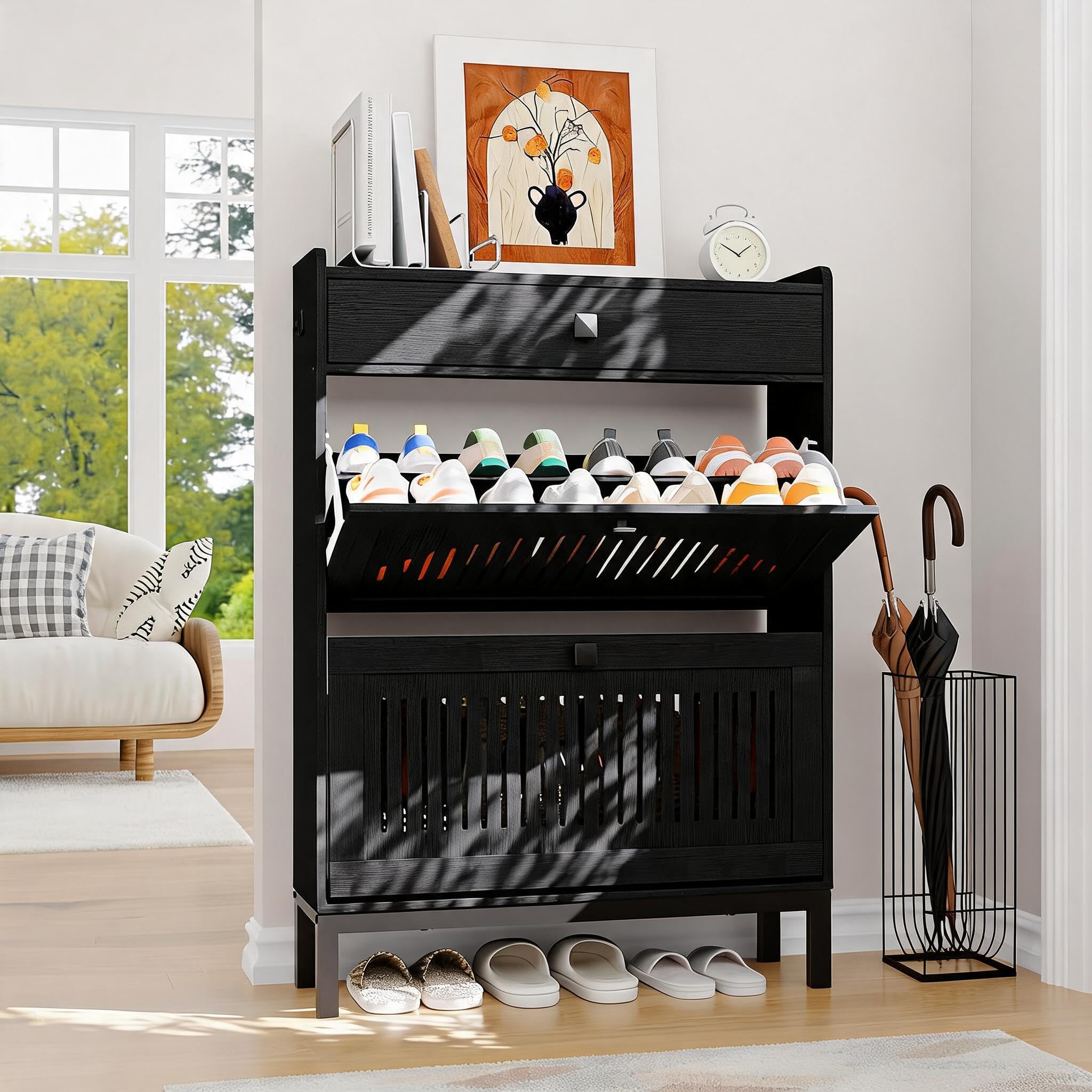 Garvee Modern Wooden Shoe Cabinet with 2 Turn over Drawers, Shoe Storage Cabinet with Adjustable Shelves and Large Hidden Compartment, Space-Saving Freestanding Organizer for Entryway, Hallway,Black