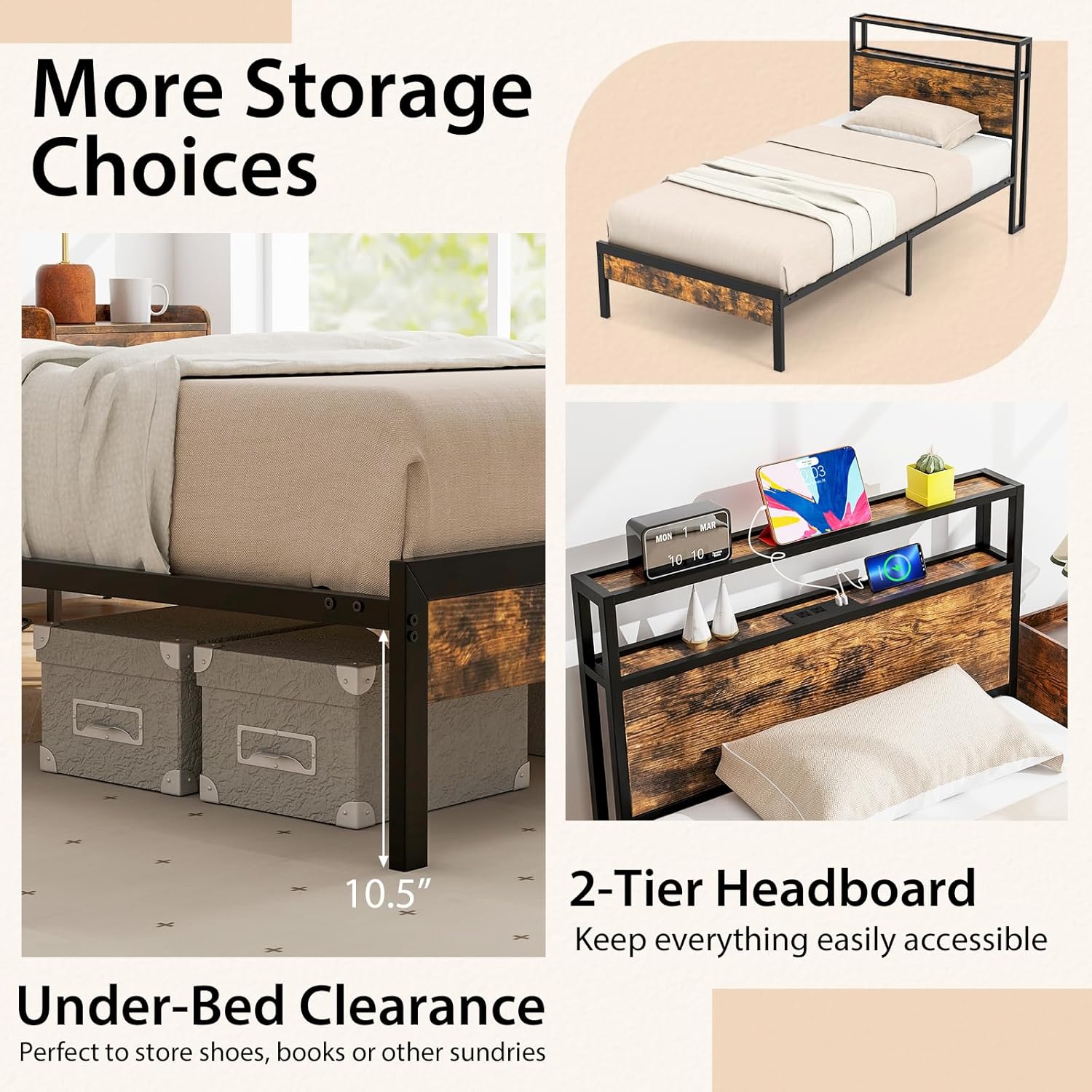 Giantex Twin Bed Frames for Kids, Industrial Metal Platform Bed with 2-Tier Storage Headboard and Charging Station, Heavy Duty Metal Support Mattress Foundation, Noise Free, Rustic Brown