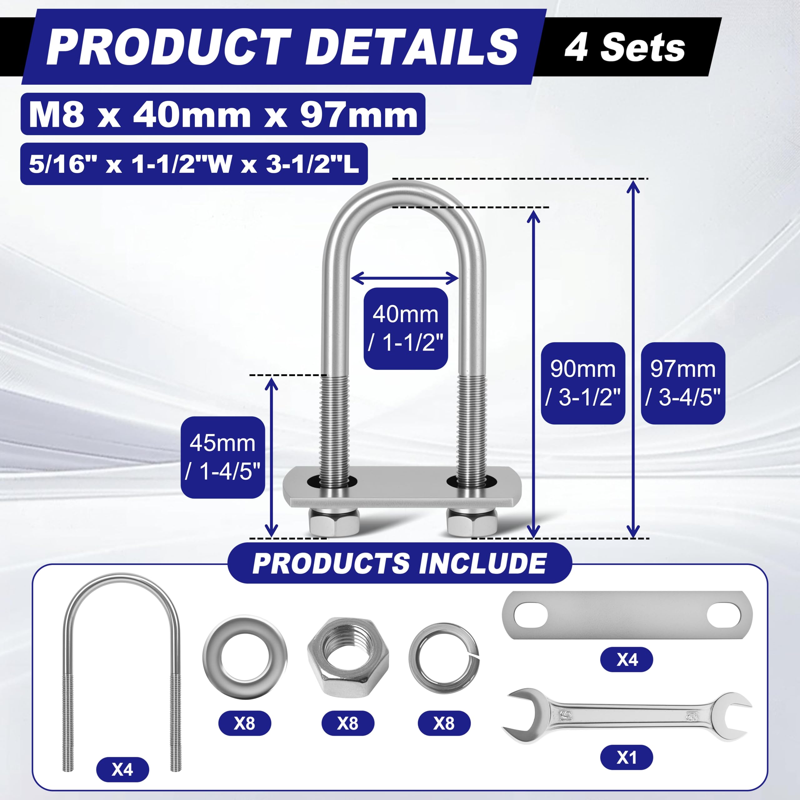M8 Stainless Steel U-Bolts - 4 Sets -2 M8 Stainless Steel U-Bolts - 4 Sets -2