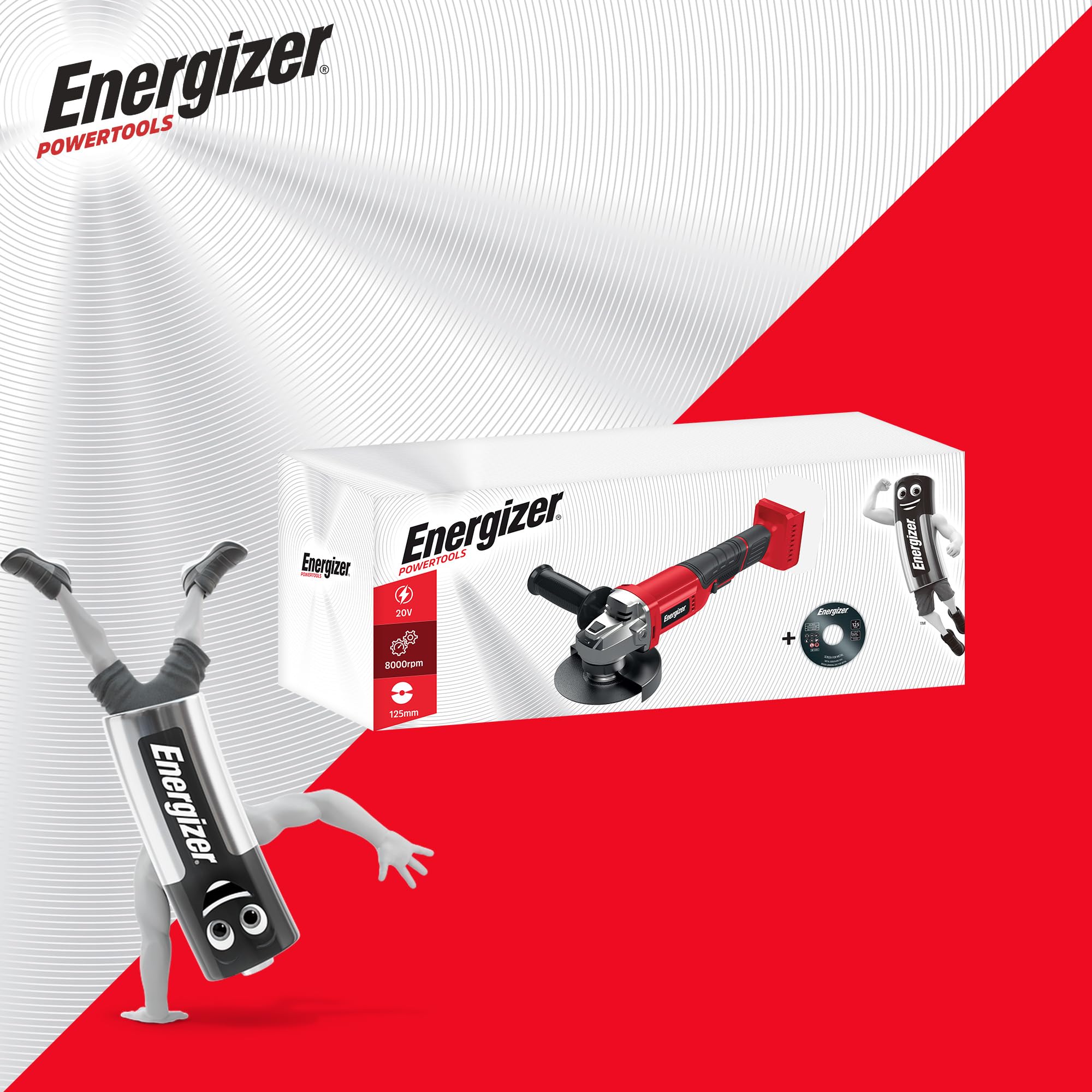 Energizer Smerigliatrice angolare senza fili 20 V – 8000 RPM, disco 125 mm, alloggiamento di protezione, interruttore di sicurezza, batteria 20 V e caricatore inclusi