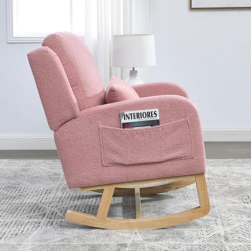 Miniatura 10 de Mecedora moderna para guardería, silla mecedora tapizada con almohada, cómodo sillón deslizante con bolsillos laterales, sofá decorativo con base de