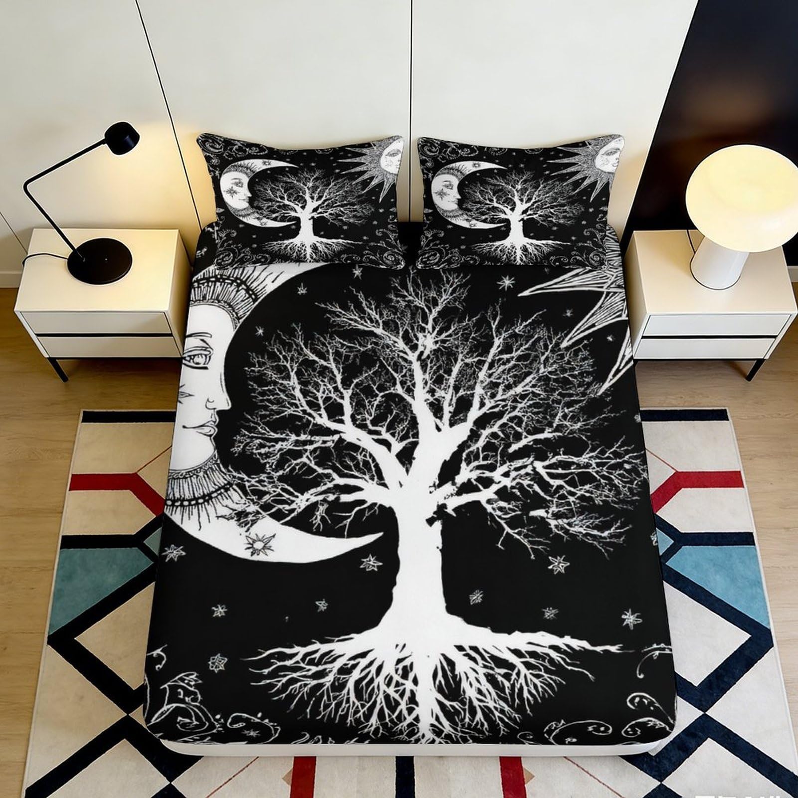 3D Printed Moon Tree Fitted Sheet Microfiber Black White Mattress Cover Bedroom Dorm Decorative Protector 90x200x25cm