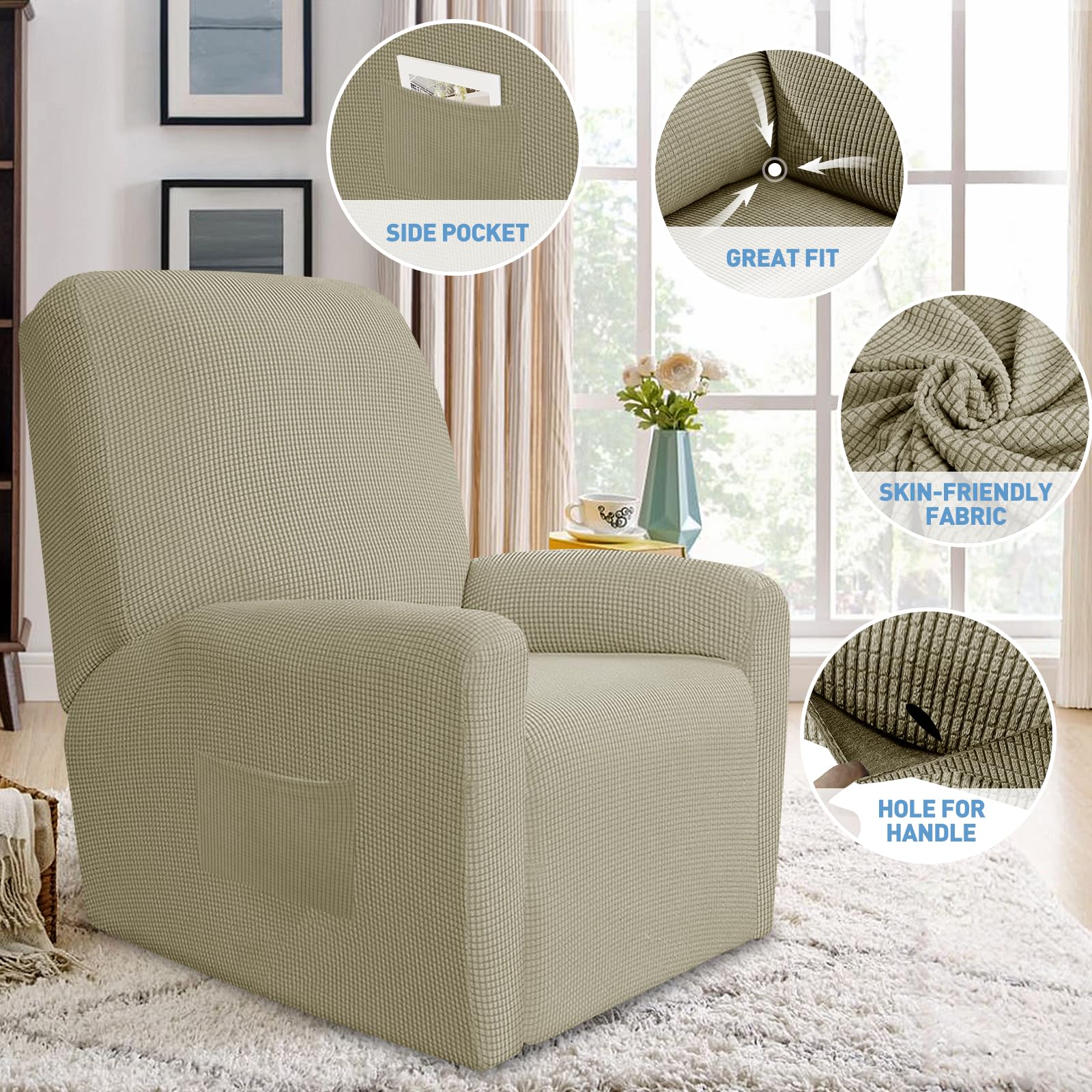 JIVINER Lot de 4 Housses de canapé Super Extensibles en élasthanne Doux et inclinable avec Poches pour Fauteuil inclinable (inclinable, Kaki)