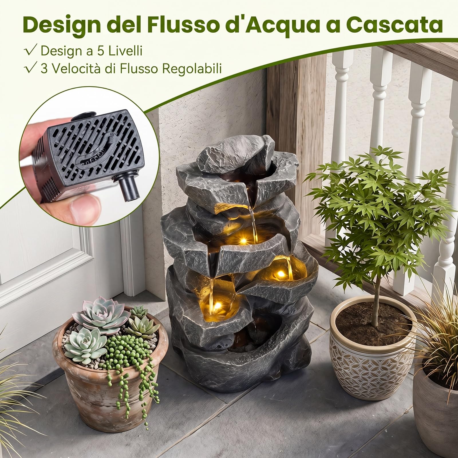 COSTWAY Fontana da Giardino a 5 Livelli, Fontana Cascata da Esterno con Luci e Flusso d'Acqua Regolabile, Fontanella Elettrica a Forma di Roccia con Effetto di Pietra da Terrazza e Balcone