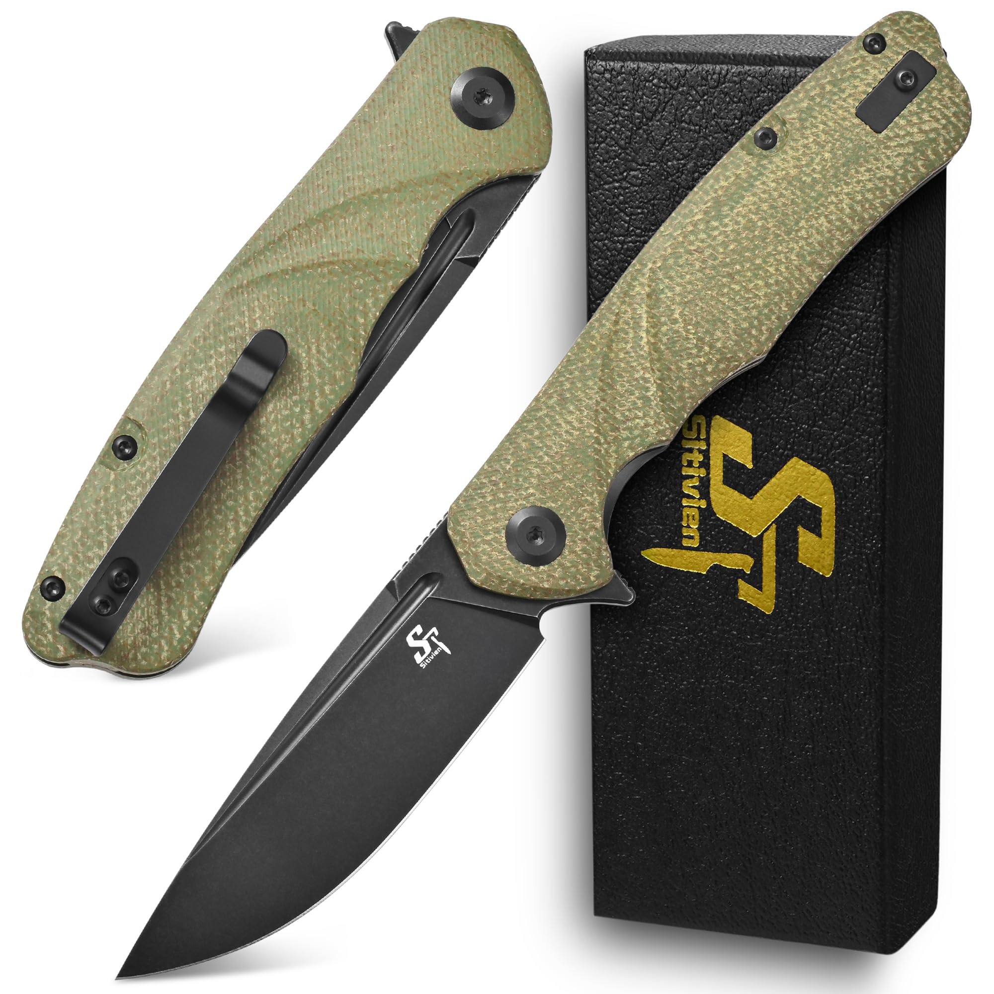 Sitivien ST132 Folding Knife,D2 Steel,Micarta Handle EDC Knife with Liner Lock for Outdoor Hiking Camping(Green)