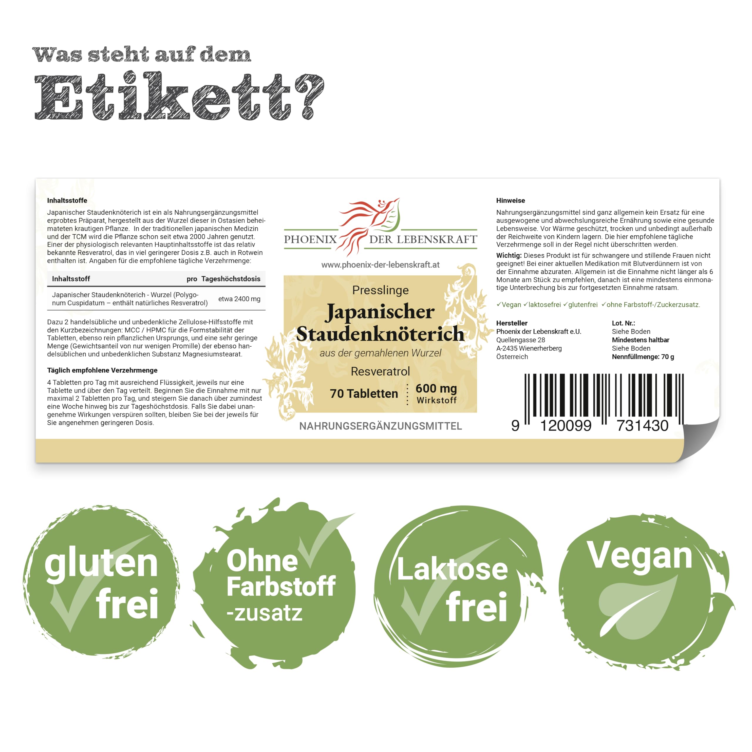 Japanischer Staudenknöterich Tabletten 600 mg | 70 Tabletten Polygonum cuspidatum | Qualität aus Österreich | aus gemahlener Wurzel | praktische Tabletten statt Kapseln | Fallopia japonica, Huzhang