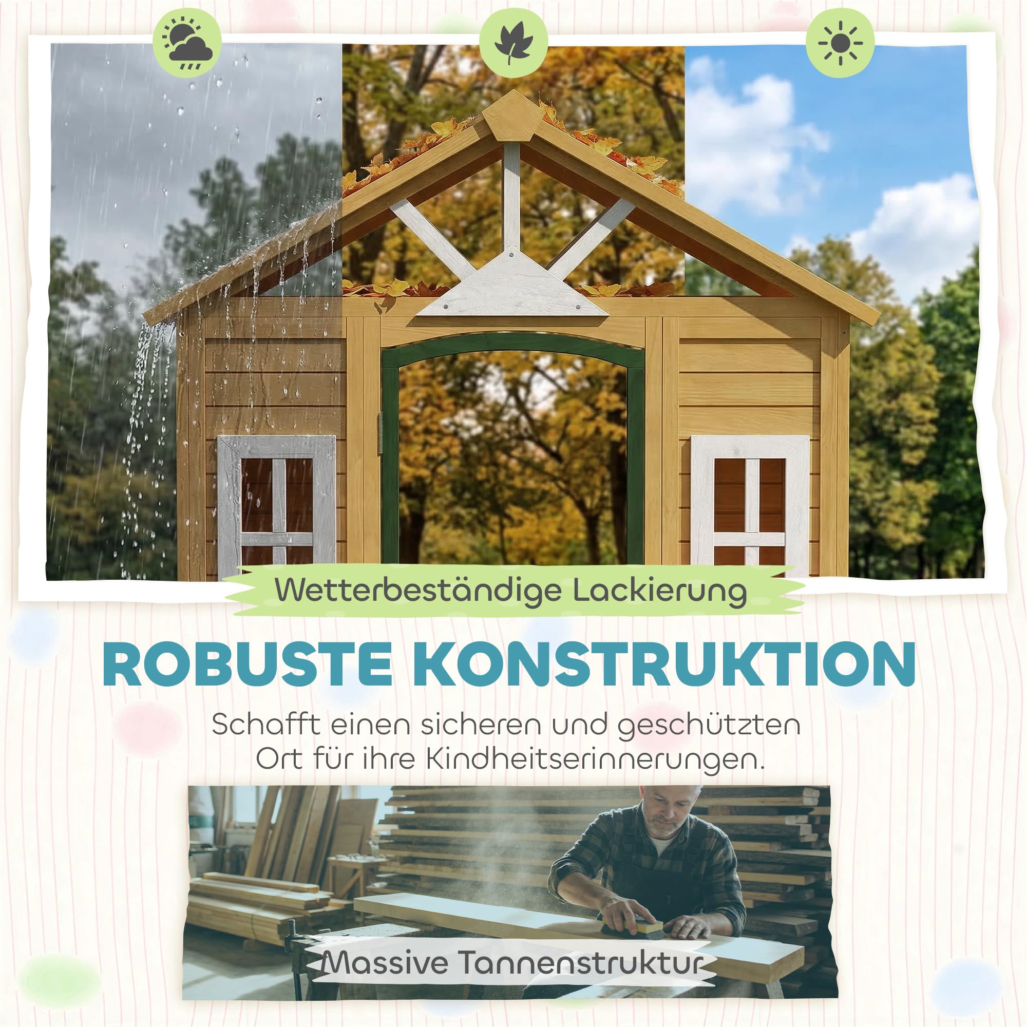 AIYAPLAY Kinderspielhaus aus Holz Spielhaus Outdoor 134,5 x 97 x 150 cm Braun