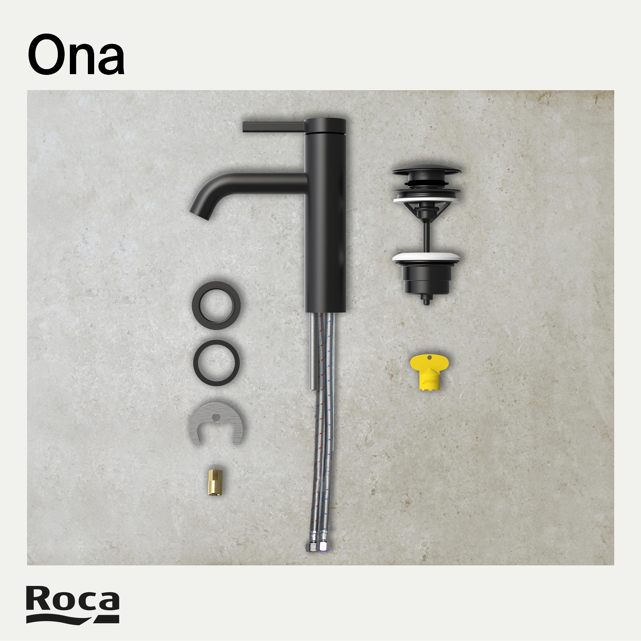 Roca Ona Grifería para lavabo con tecnología Cold Start, grifo monomando con enlaces de alimentación flexibles de fácil instalación, mezclador de baño con desagüe click-clack, negro mate, A5A3A9ENB0