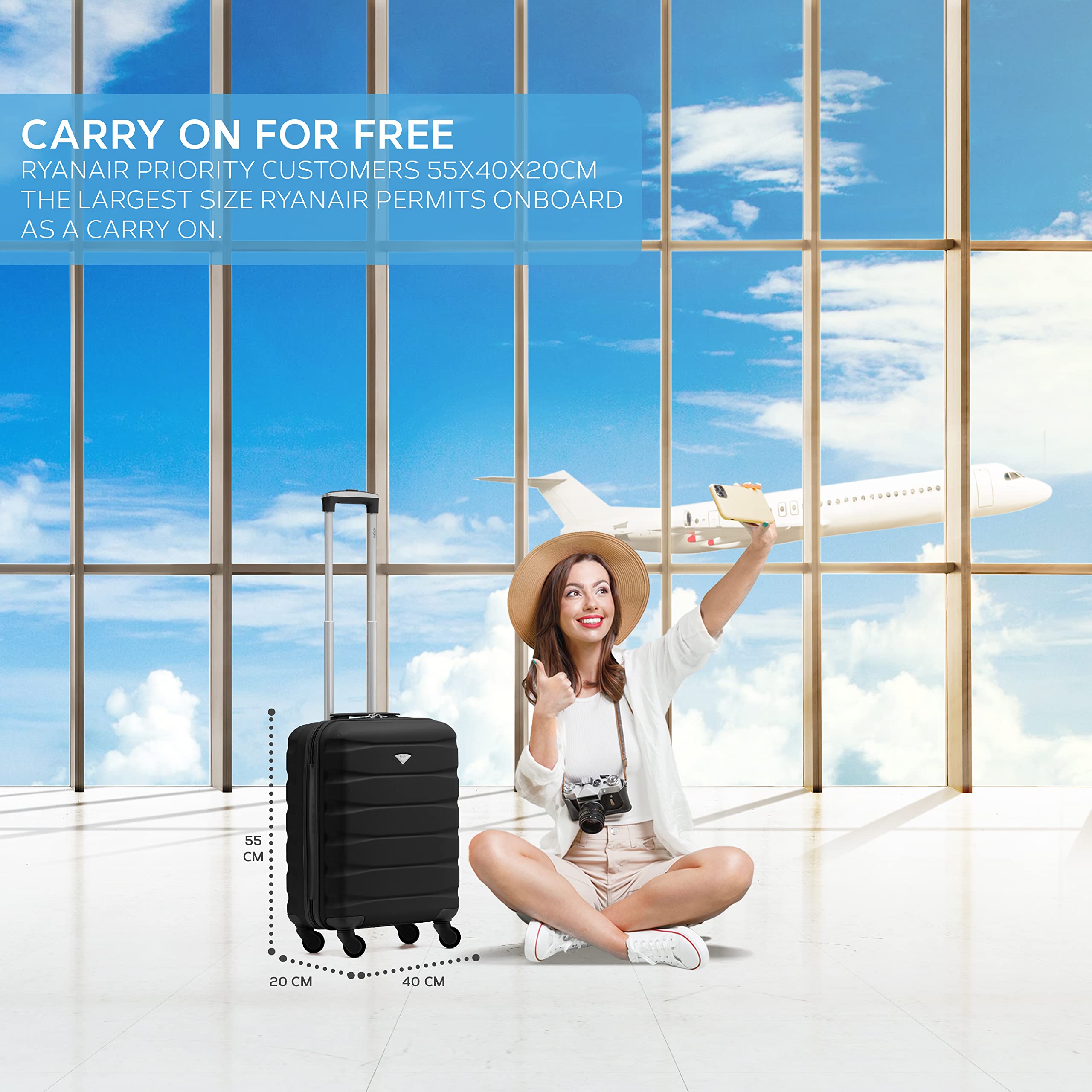 Flight Knight Cabin Suitcase 55x40x20 Ryanair Priority, EasyJet, Jet2 Lightweight Small Durable 4-Wheel Cabin Case, Carry-On for Over 60 Airlines, Hard Shell, 10kg Hand Luggage Bag (55 x 40 x 20 cm)