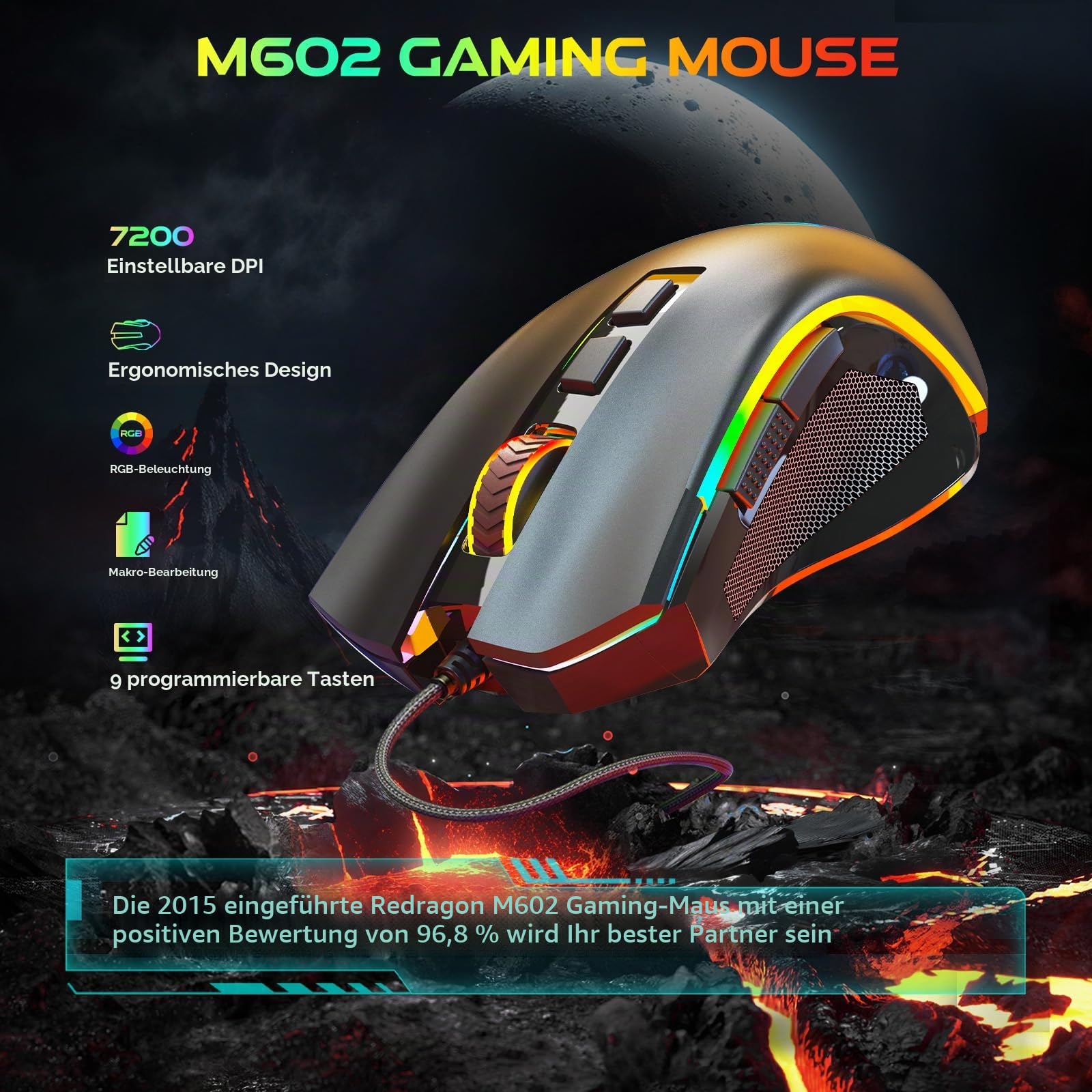Redragon M602 Gaming Maus mit Kabel, Wired Computer Mouse Gaming mit Treiber, 7 Programmierbare Tasten und RGB-Leuchten, 7200 DPI PC Maus Gaming Ideal für PC/Laptop (schwarz)