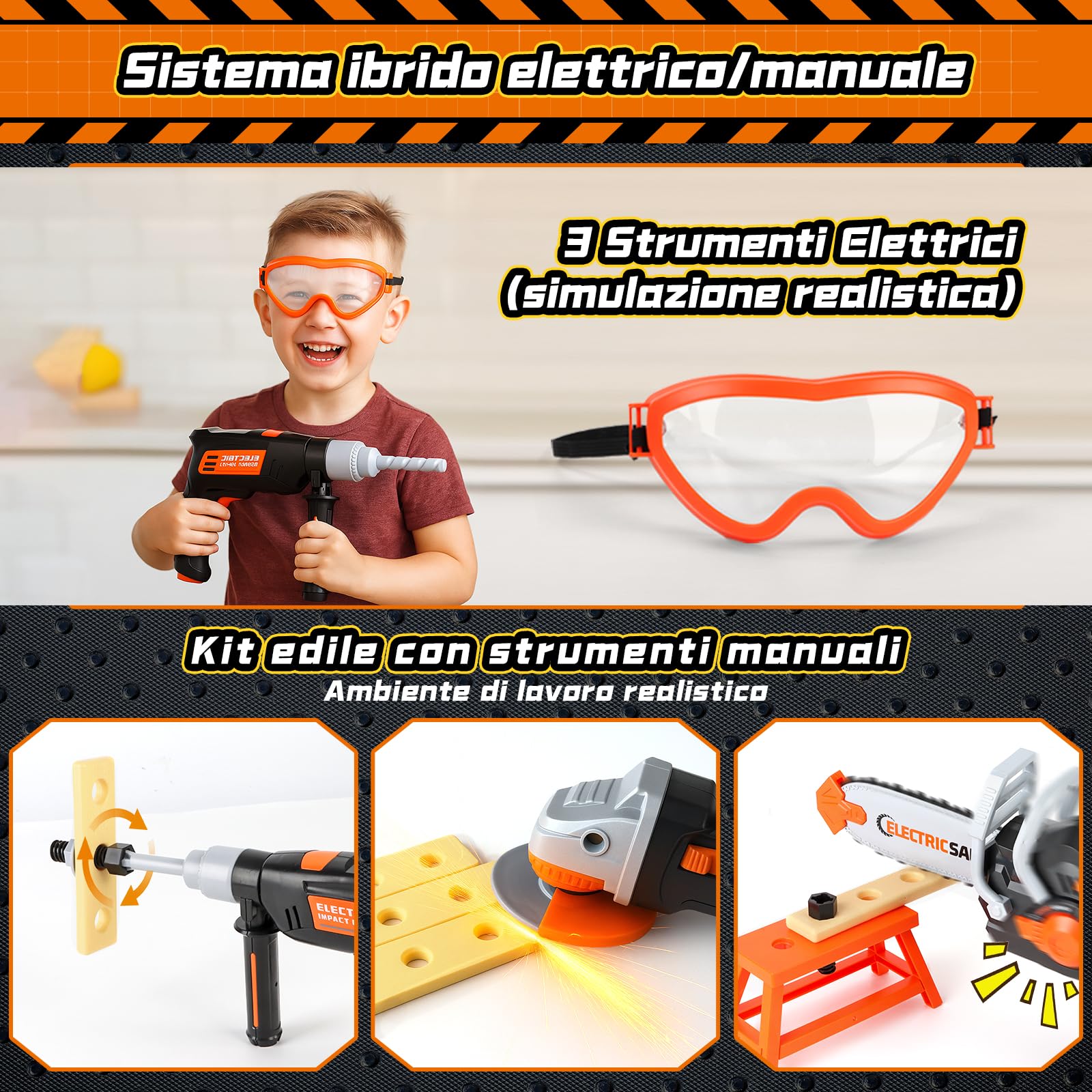 Charmofun 50 Pezzi Cassetta Attrezzi Bambini, Valigetta Attrezzi Giocattolo Con Trapano Elettrico, Giocattoli Costruzioni Educativi Giochi Per Bambini Dai 3 4 5 6 7 8 Anni