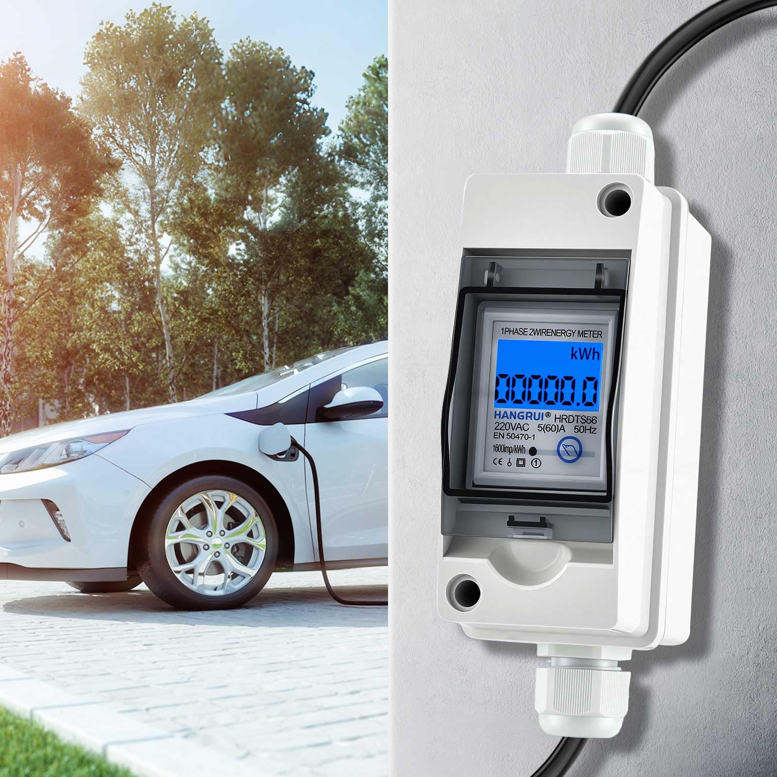 Contador de energía Digital móvil con conexión CEE 230V 16A, Contador kWh Impermeable IP67 con Pantalla LCD, Memoria Anti-Corte y reinicio, para Coches eléctricos, autocaravanas, Obras