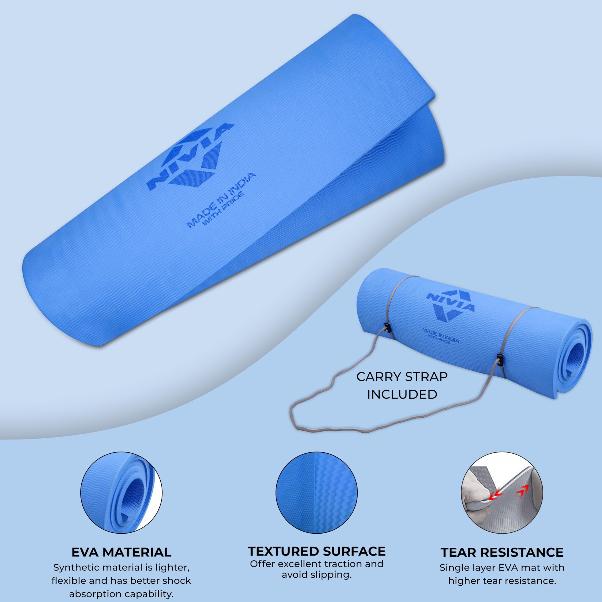 Nivia Ethylene Vinyl Acetate Anti-Skid Yoga Mat | Color: Blue | Size: 8mm | 1453BL | Comfortable and Firm Cushioning | Eco friendly | Use for Yoga & Exercise | Non-Slip Surface