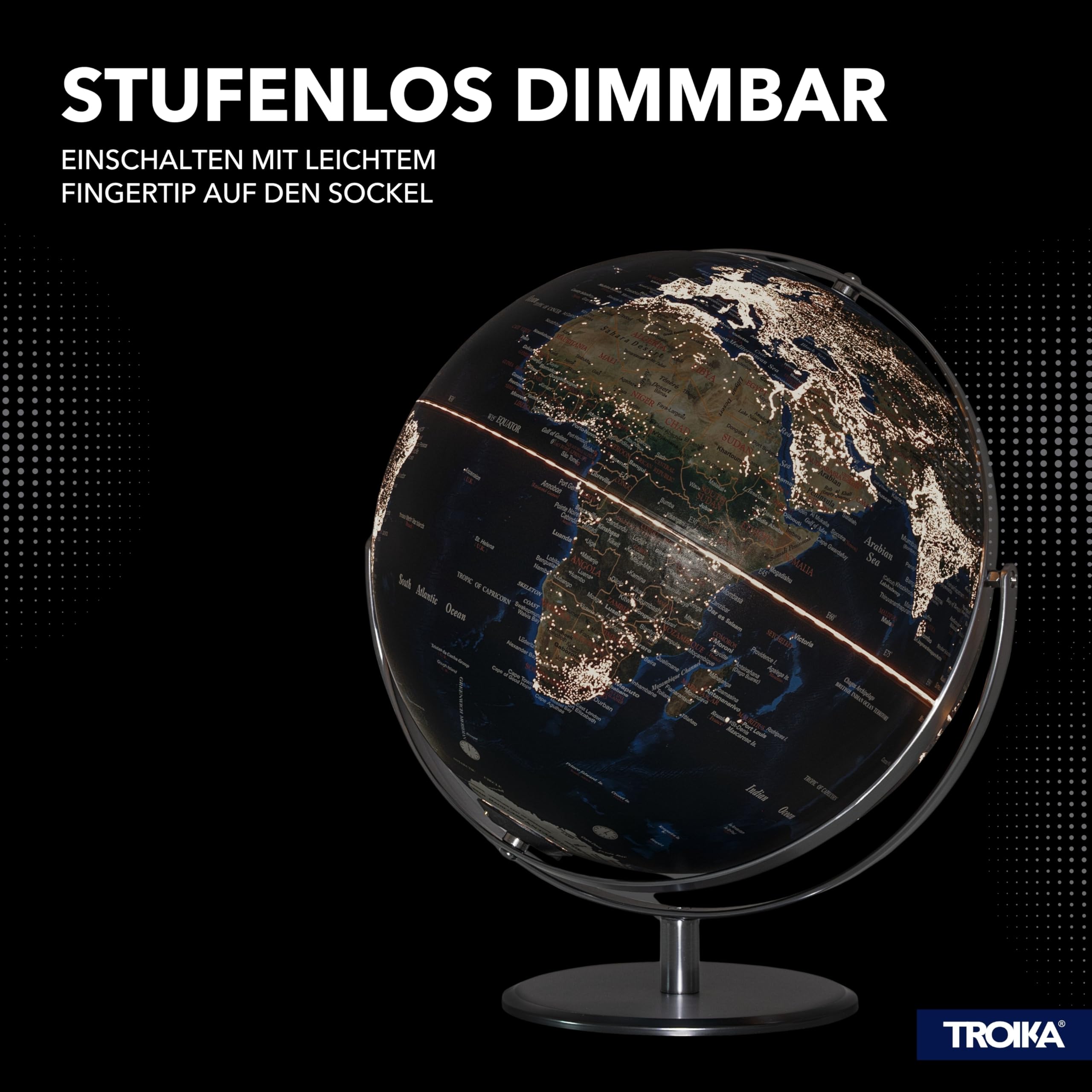 TROIKA Globo terráqueo iluminado con City Lights 30 cm JURI CITY LIGHT FLEX sobre base de metal cromado con dos ejes móviles y módulo de lámpara recargable Sompex de plástico y metal en azul, verde