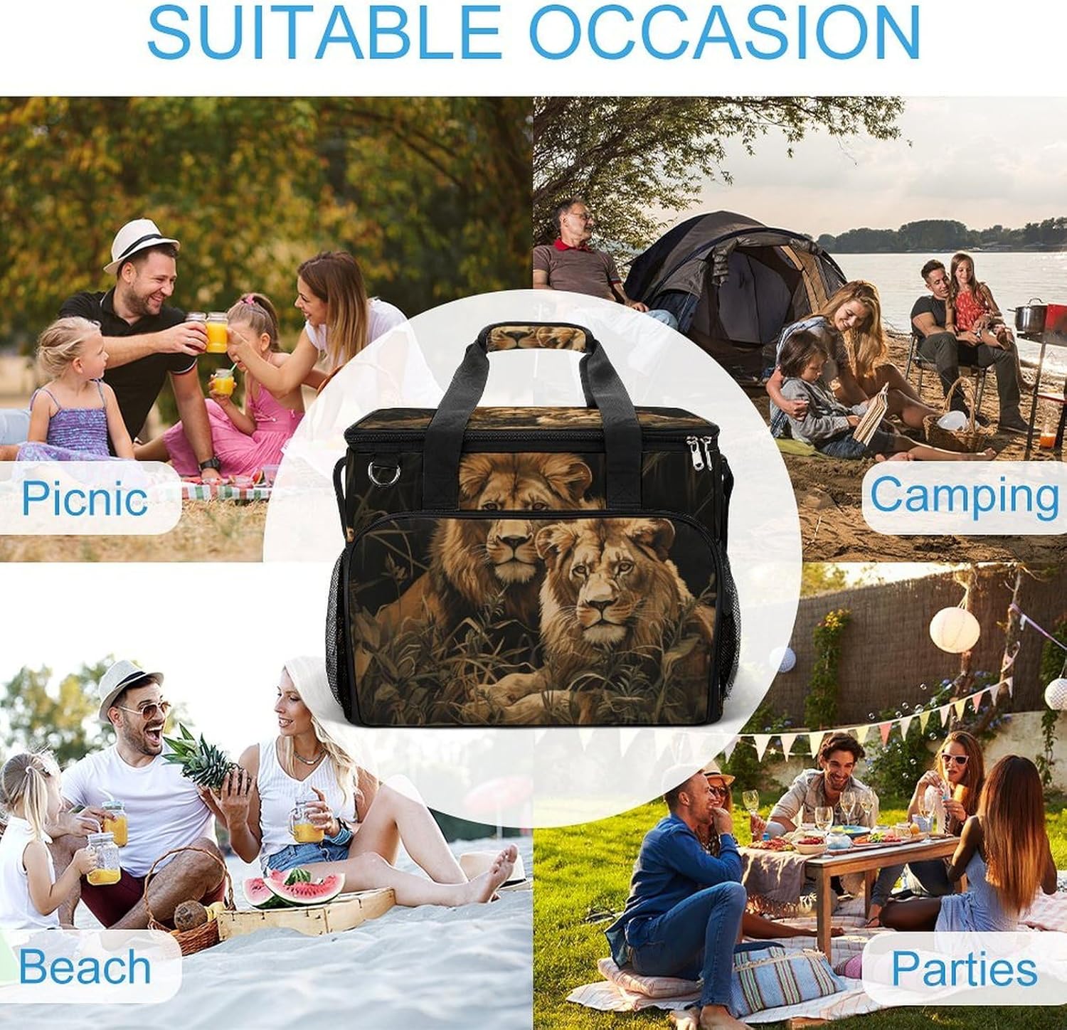 Insulated Picnic Backpack Tote Bag, Large Capacity 30L Two Lions Cooler Bag Leakproof Beach Bags Portable Lunch Box Waterproof Picnic Basket for Beach Camping BBQ