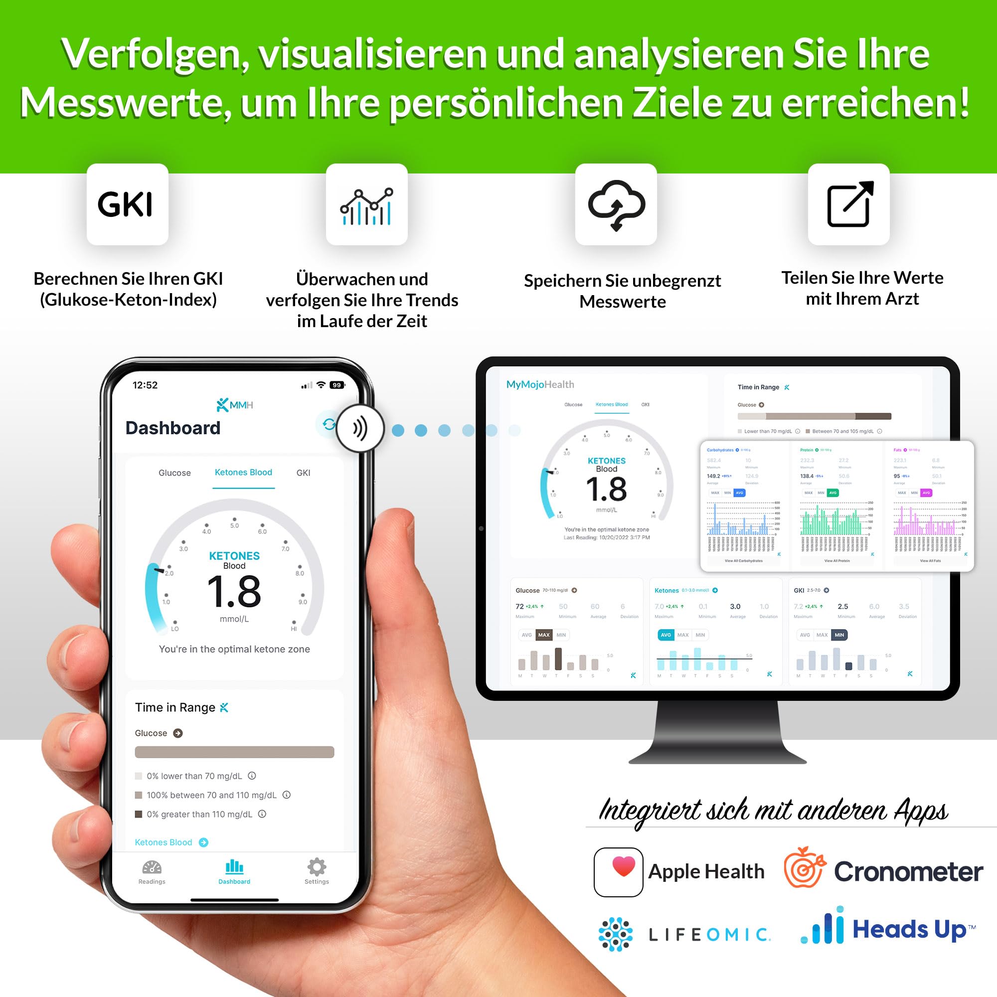 KETO-MOJO GKI Bluetooth Glukose- und Keton-Testkit (mmol/L) + kostenlose APP für Ketose- und Diabetes-Management. 20 Blutteststreifen (je 10), Messgerät, 20 Lanzetten, Stechhilfe und Kontrolllösungen