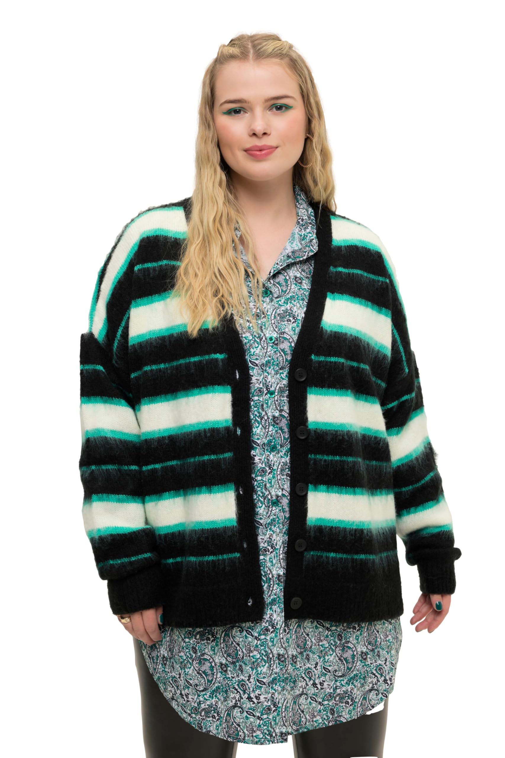 Studio Untold Damen große Größen Übergrößen Plus Size Strickjacke, Oversized, Streifen, V-Ausschnitt 827119