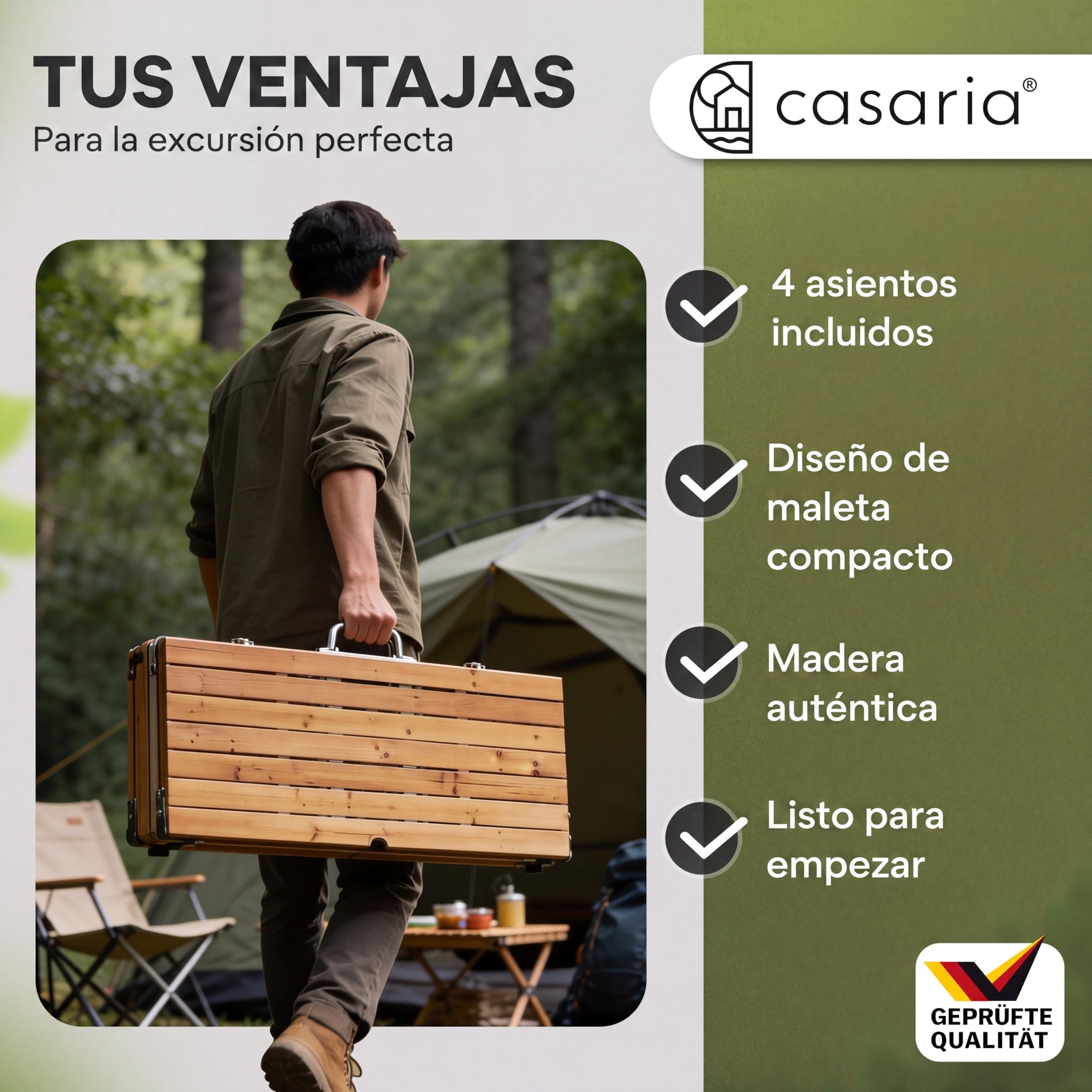 CASARIA® Set de Mesa Plegable Camping y 4 Asientos Madera Función Maleta Compacta Asa de Transporte Orificio para Sombrilla Resistente Intemperie Ideal Picnic Acampada Vacaciones Excursión Festivales