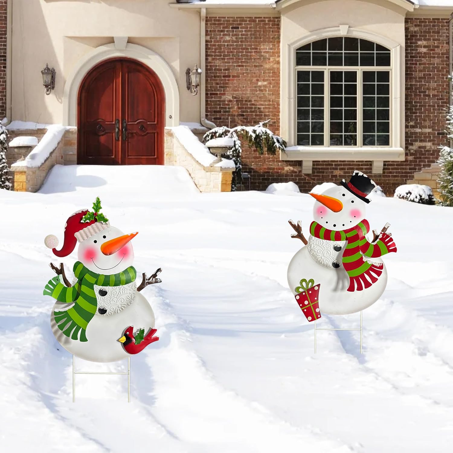 Outdoor Christmas Decorations,2 Pack Snowman Garden Stakes Decoration, Metal Holiday Yard Art, Winter Outdoor Decor, Metal Garden Lawn Decor for Xmas Pathway Patio