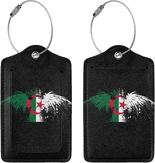 Algeria Algerians Flag Leather Luggage Tag for Men Women Stainless Steel Privacy Cover Id Loop Label Tag with Steel Loop for Suitcase Travel Bag 2 Pcs