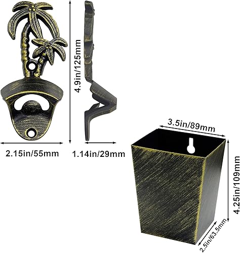 Miniatura 5 de Abridor de tapas de cerveza de montaje en pared a la antigua, palmera, abrebotellas montado en poste con receptor de tapa drenado (bronce envejecido)