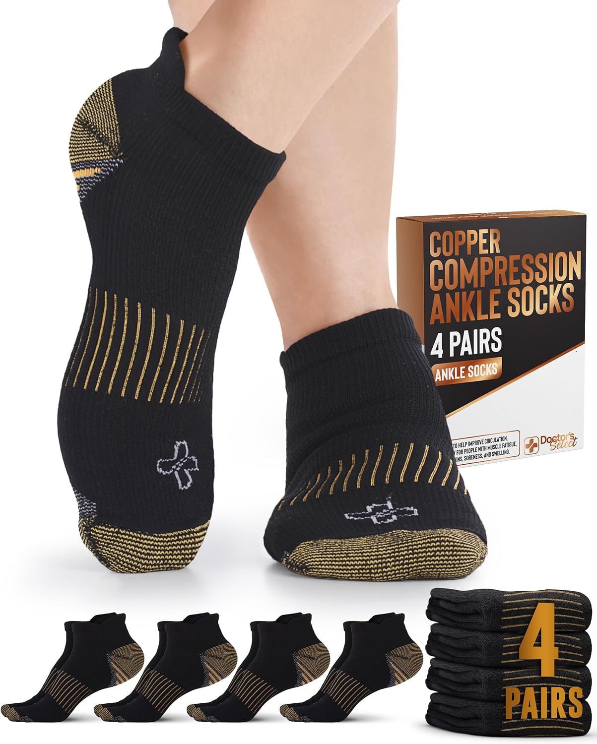 Doctor's Select Copper Ankle Compression Socks for Women and Men - 4 Pairs | Athletic Running Plantar Fasciitis Socks