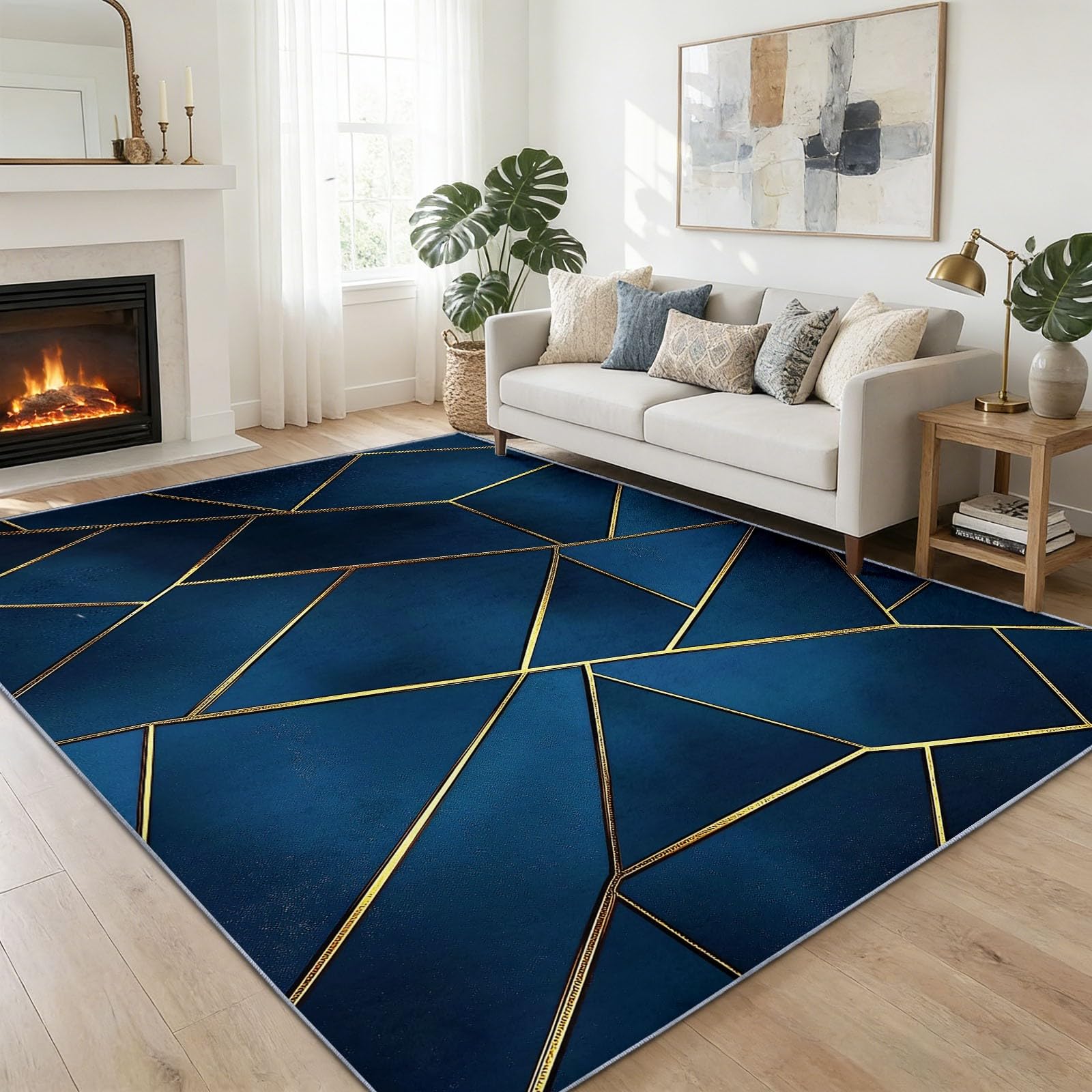 Tapis en Flanelle Douce 180 x 240 cm Triangles Géométriques Lignes Dorées Tapis de Salon Moderne, Antidérapant et Lavable en Machine – Idéal Chambre – Poils Courts Facile à Nettoyer, Bleu Marine