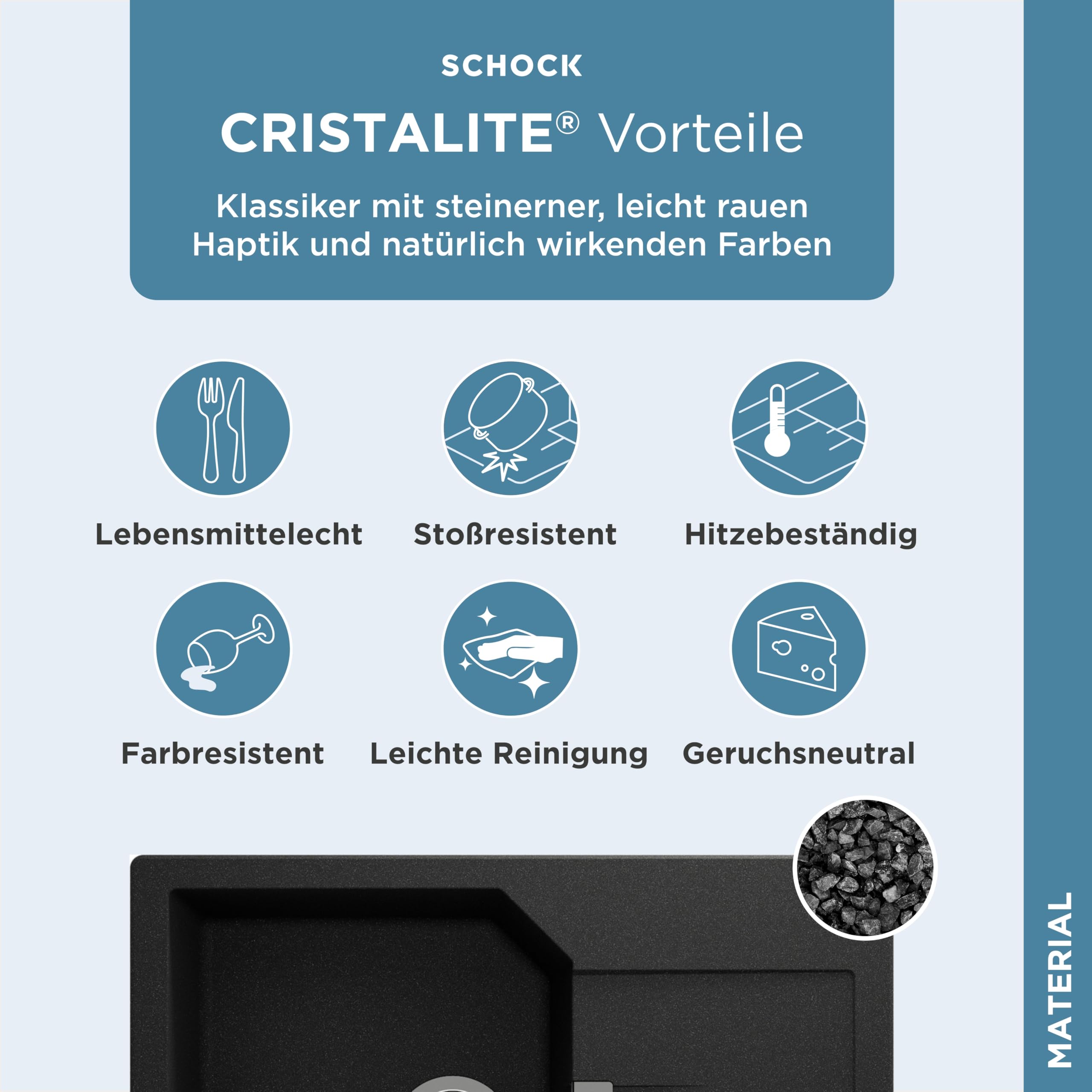 SCHOCK Küchenspüle Manhattan D-100S in Onyx I Granitspüle mit Abtropffläche I Einbauspüle für 45 cm Unterschrank I kratzfeste Cristalite Spüle I pflegeleichte Design Spüle mit Excenterbedienung