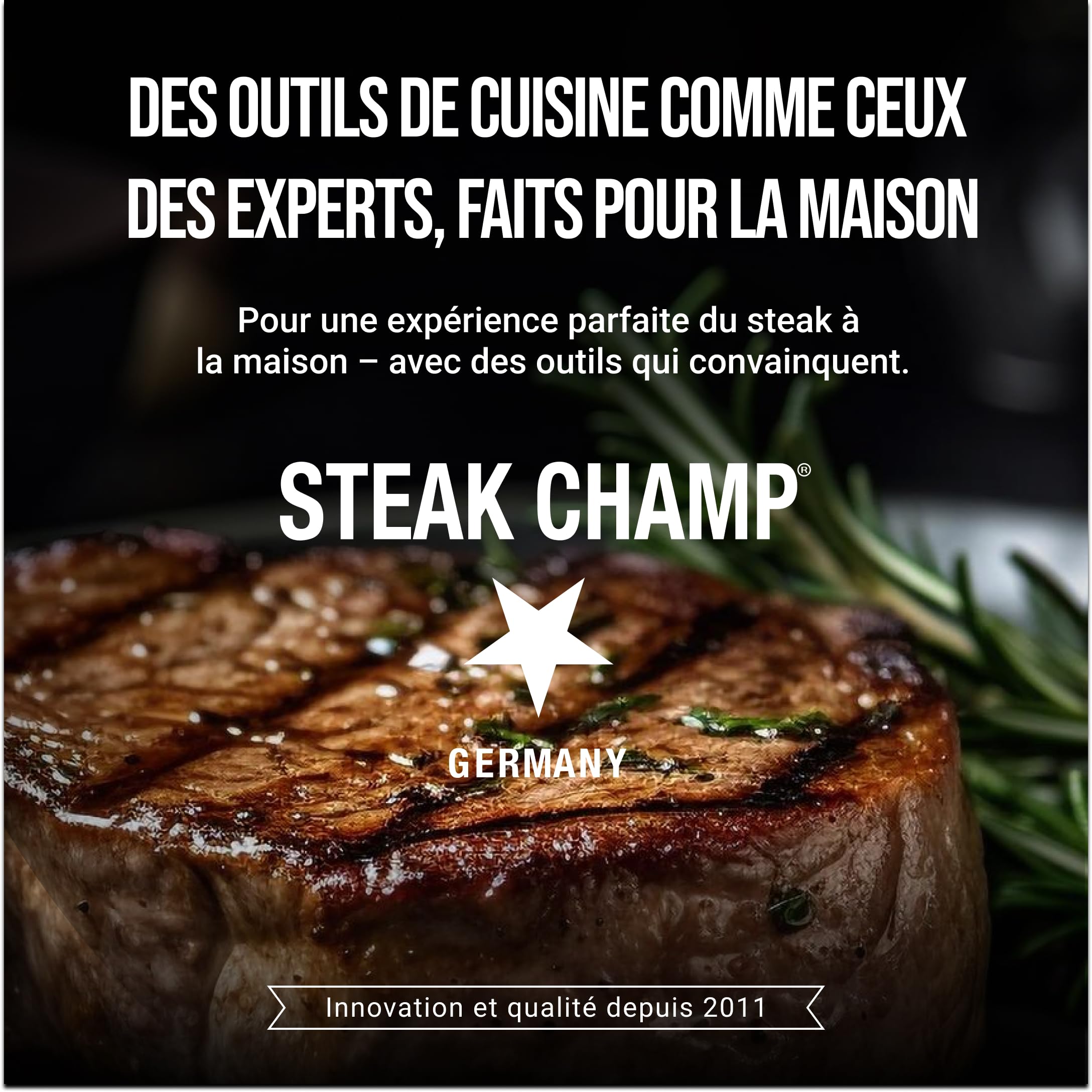 Fourchette à viande et couteau à steak Steak Champ, 2 x 2 pièces : Fourchettes et couteaux en acier à lame, affûtés au micro-ondes, set de 4 pièces, boîte en bois incluse