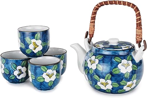Fuji Merchandise Corp - Juego de té de porcelana de estilo japonés 22 onzas líquidas con colador y 4 tazas diseño de flores de magnolia