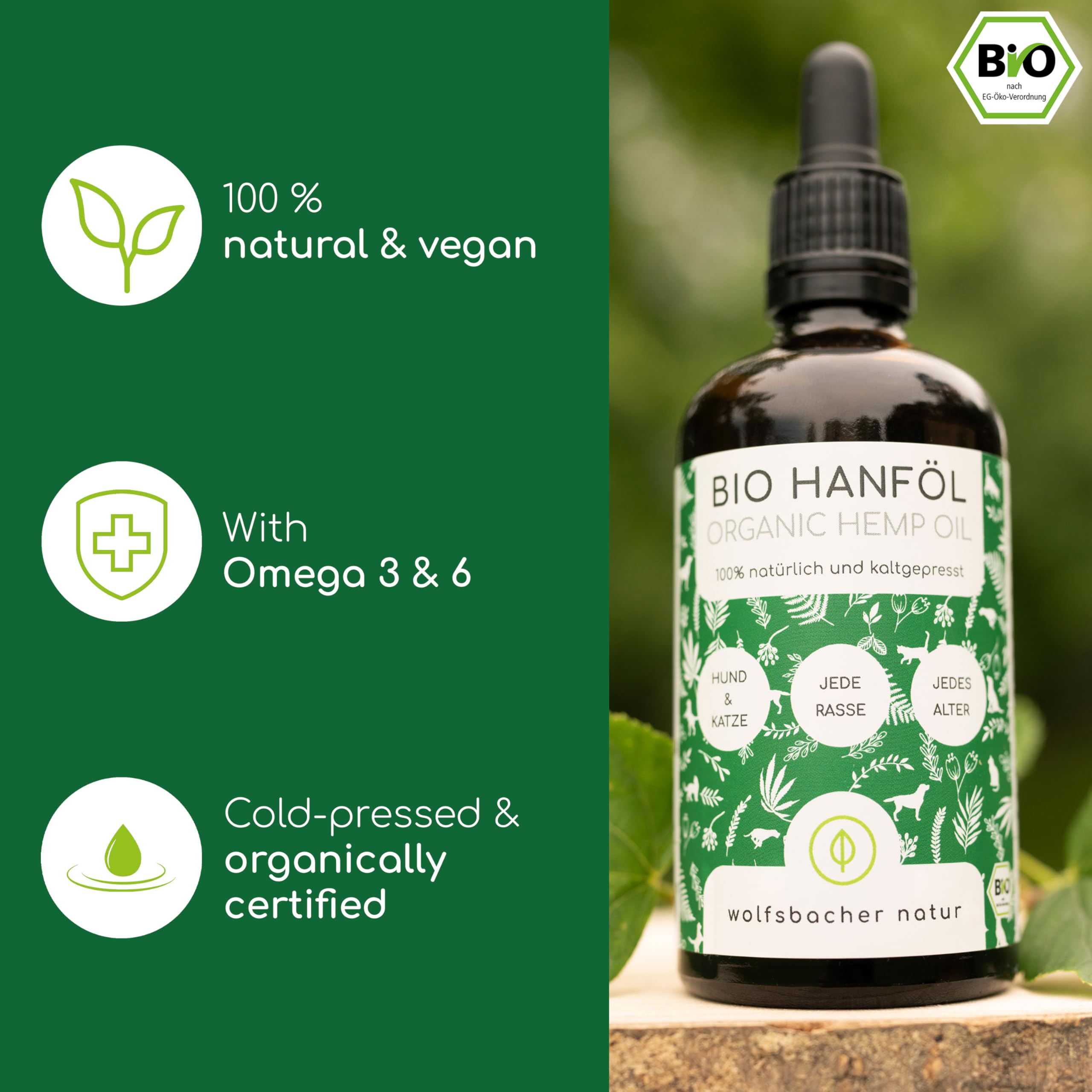 Olej konopny BIO dla psów i kotów 50ml I 100% naturalny, tłoczony na zimno - wsparcie sierści i skóry dzięki Omega 3-6-9, środek uspokajający dla psów - DE-ÖKO-060
