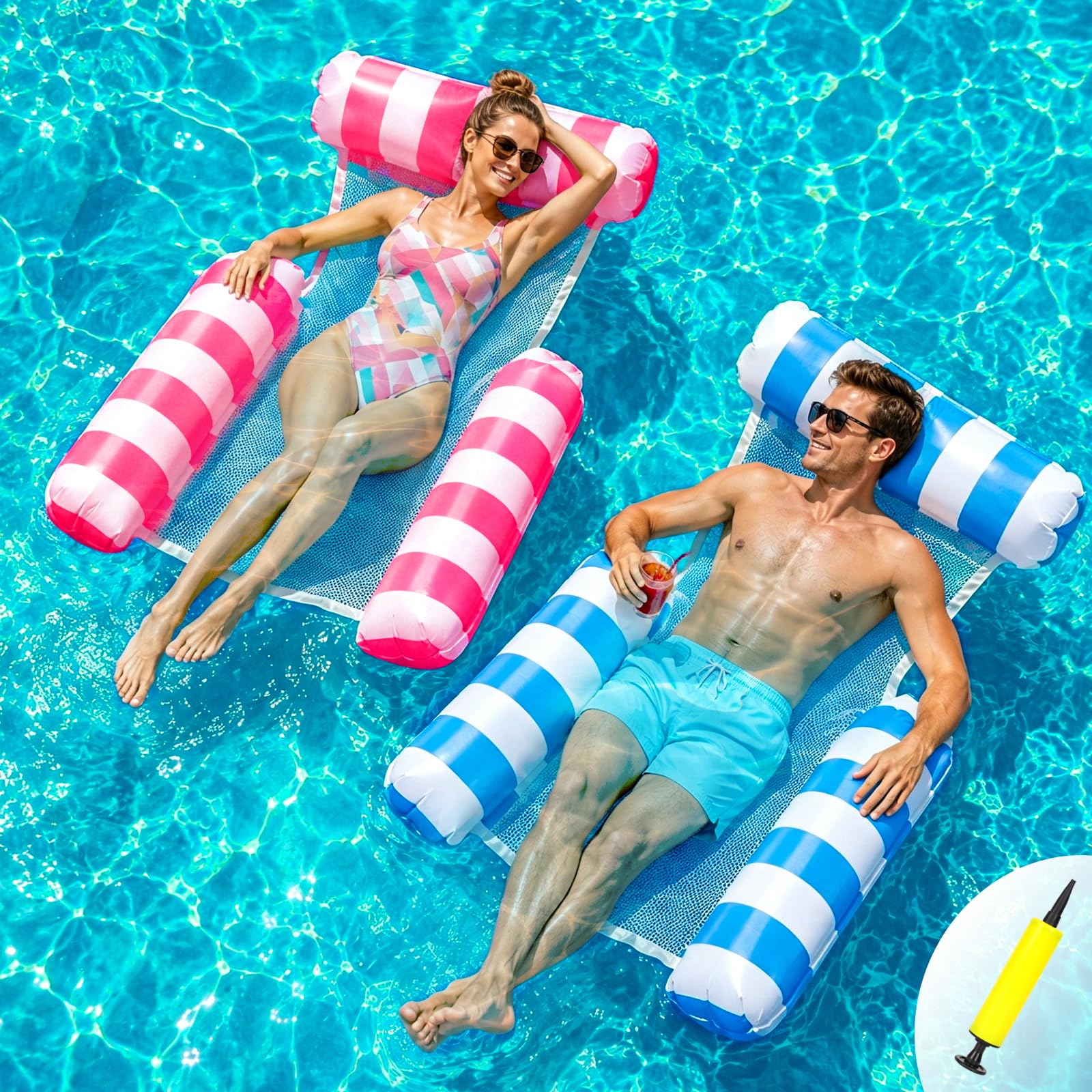 Inflatable Pool Chair 2 Pack, Inflatable Pool Floats Adult, 4 IN 1 Swimming Floating Lounge Chairs Water Hammock, Inflatable Chair for Summer Water Party Beach, Pool Toys With Air Pump (Blue+Red)