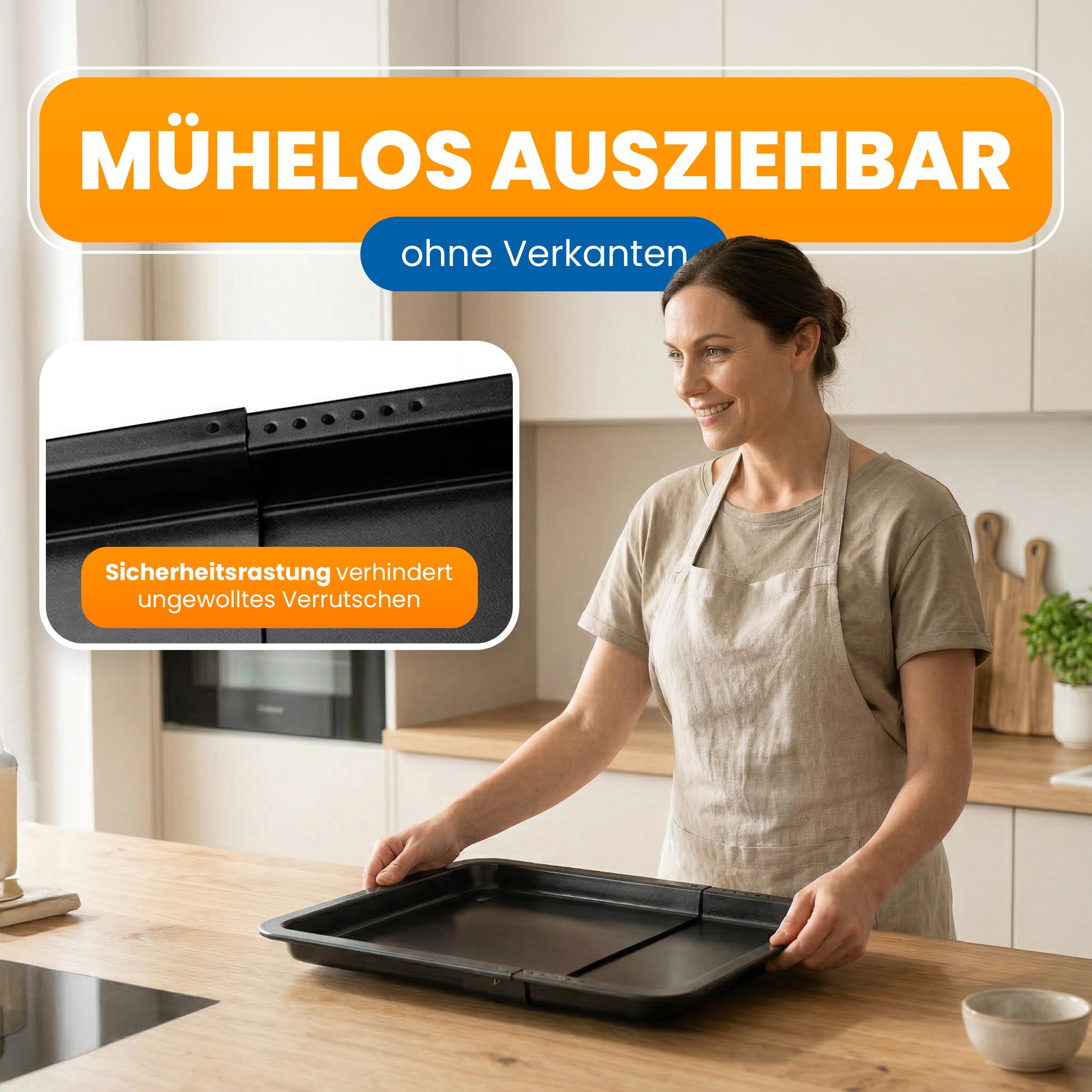 EUROHOME Backblech ausziehbar mit Auskühlnoppen - Ausziehbares Blech von 33 bis 52 cm - Tiefe 33 cm - Ofenblech aus Schwarzblech - Backblech antihaft für müheloses Backen und einfache Reinigung