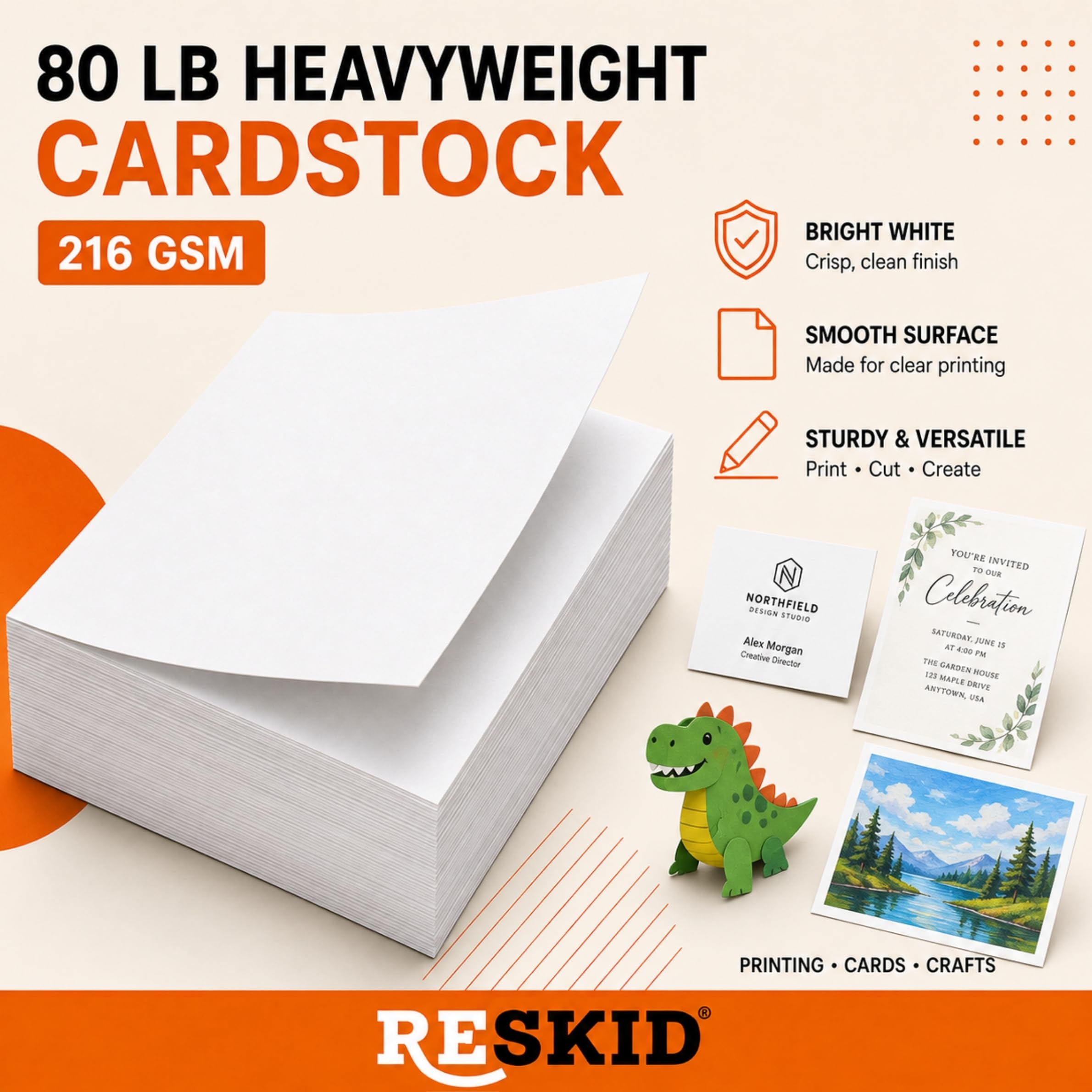 Reskid Cartulina de papel grueso blanco, cartulina de 80 libras (216 g/m²), 8.5 x 11 pulgadas, 50 hojas, cubierta pesada para tarjetas de visita, arte, invitaciones, impresión de papelería