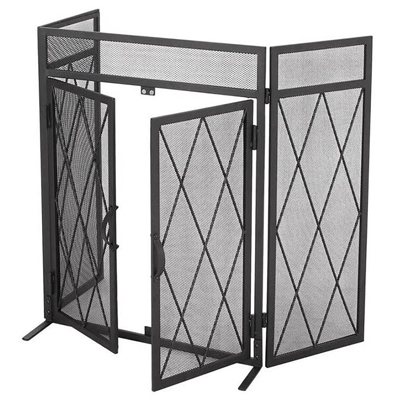 Pantalla para chimenea con puerta de facil acceso y estructura protectora de hierro