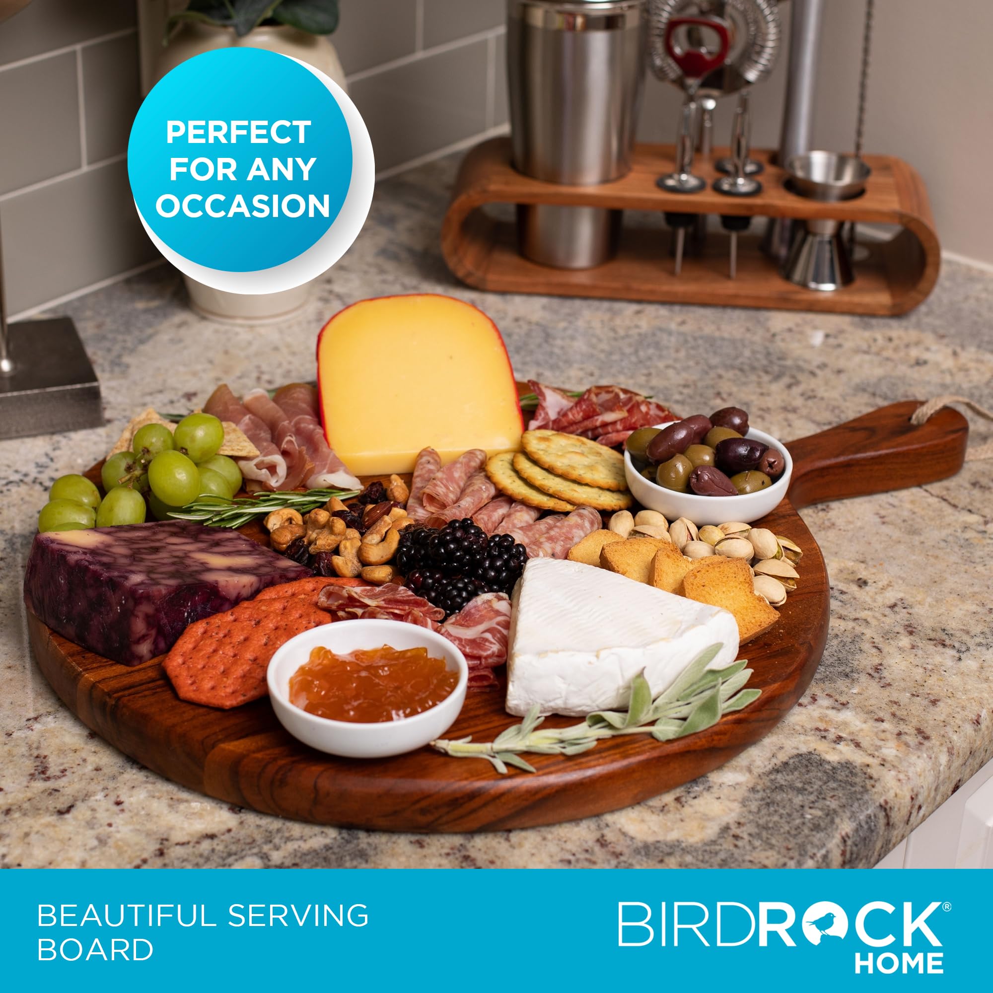 BIRDROCK HOME Acacia Wooden Cheese Serving Board with Handle - Charcuterie, Appetizers, Kitchen Platter, Grazing Board, Pizza, Meat, Bread, Cutting, Party, Food Display Tray - Espresso, 15", Round