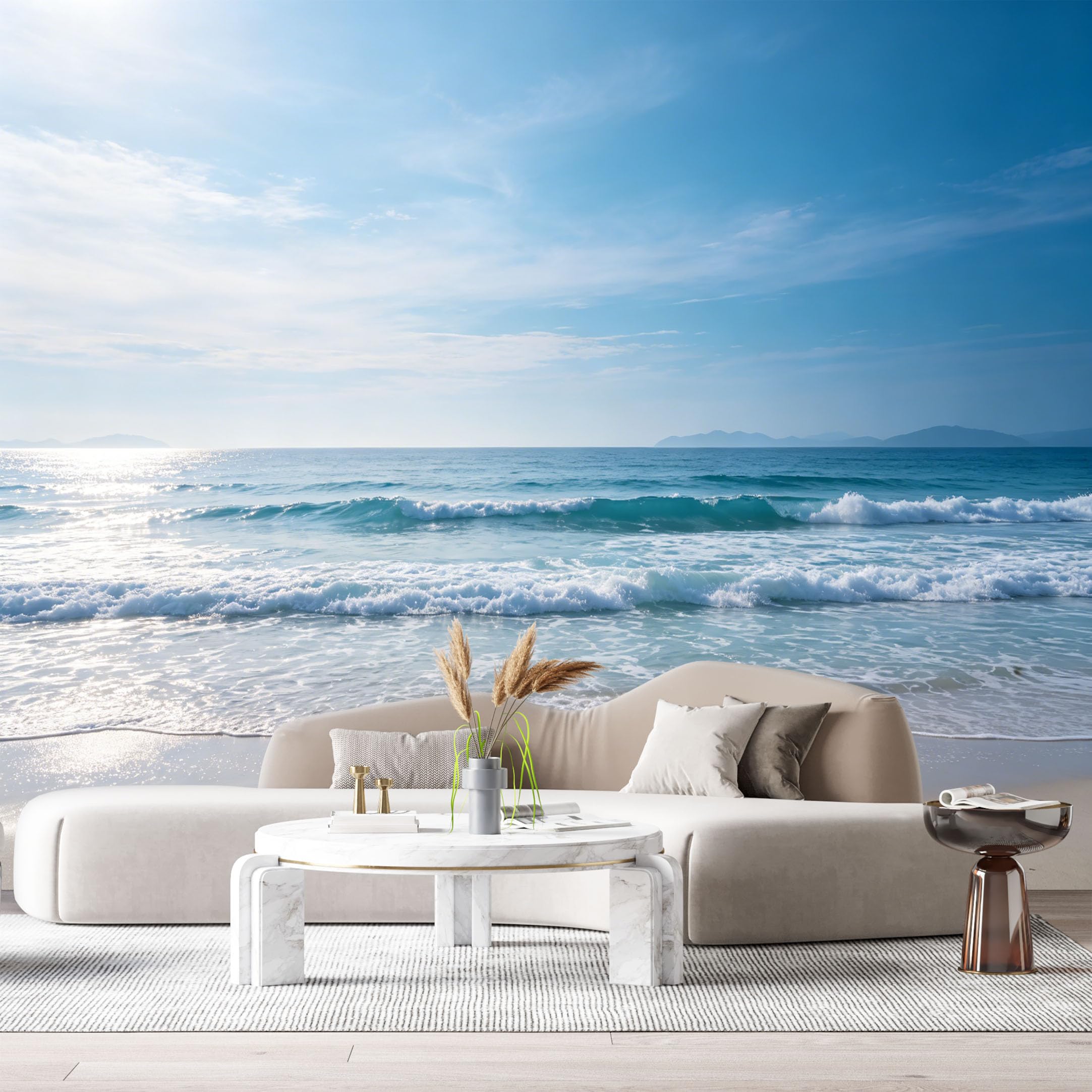Custom Size Wall Murals Ocean Marine Coastal Landscape Blue Sea Waves Sandy Shoreline SelfAdhesive Wall Fabric Removable Large Wallpaper Photo for Living Room