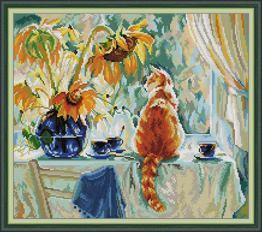 OWN4B Cross Stitch Kits Pre Printed, Cat and Sunflower Stamped Pattern 11CT 21.7x18.9 inch DIY Embroidery Kit (Cat) — image 1