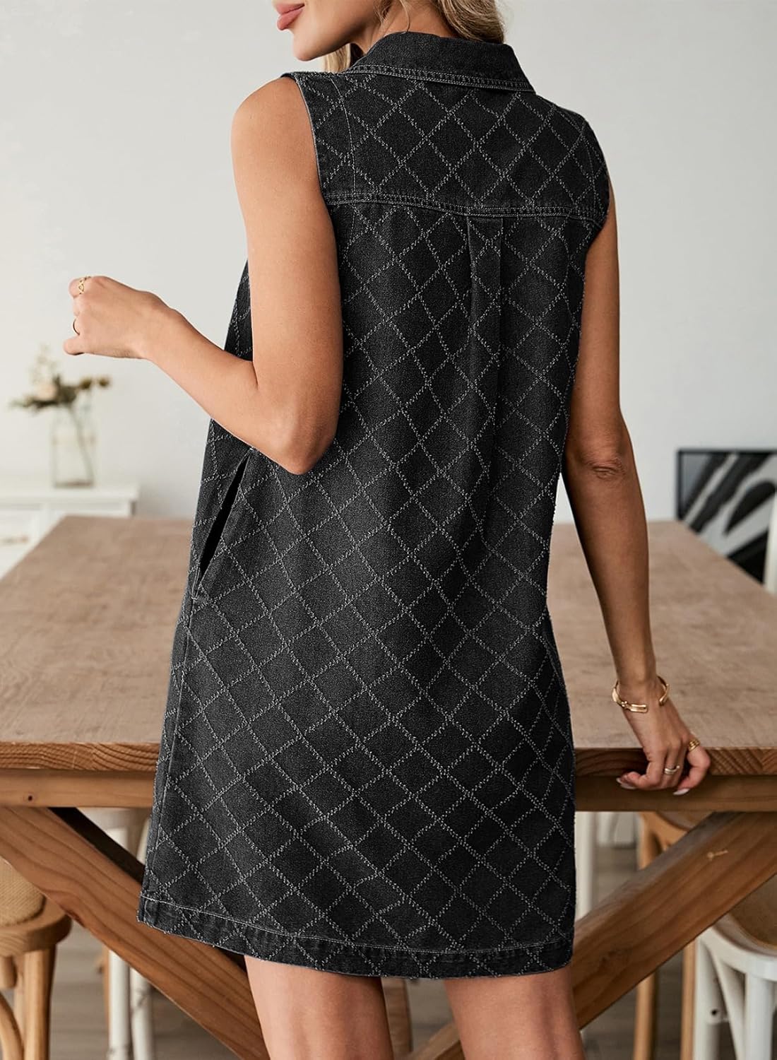 Dokotoo Denim Dress for Women Summer Casual Sleeveless V Neck Button Mini Jean Dersses with Pockets - Image 4