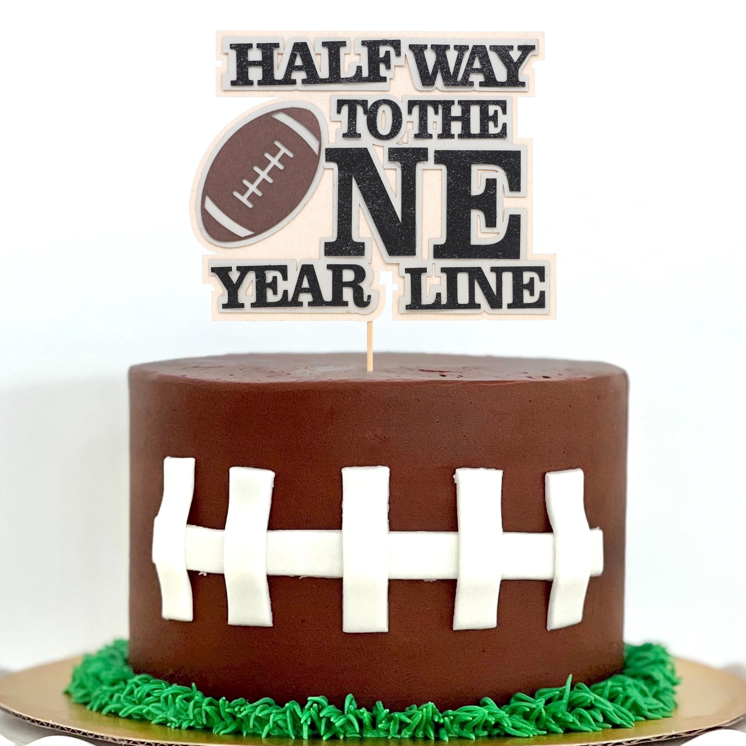 Jissoo Football 1/2 Birthday Cake Topper - Sports Themed 6 Month Birthday Party Decoration, Half Way To One Year Line, Green and White