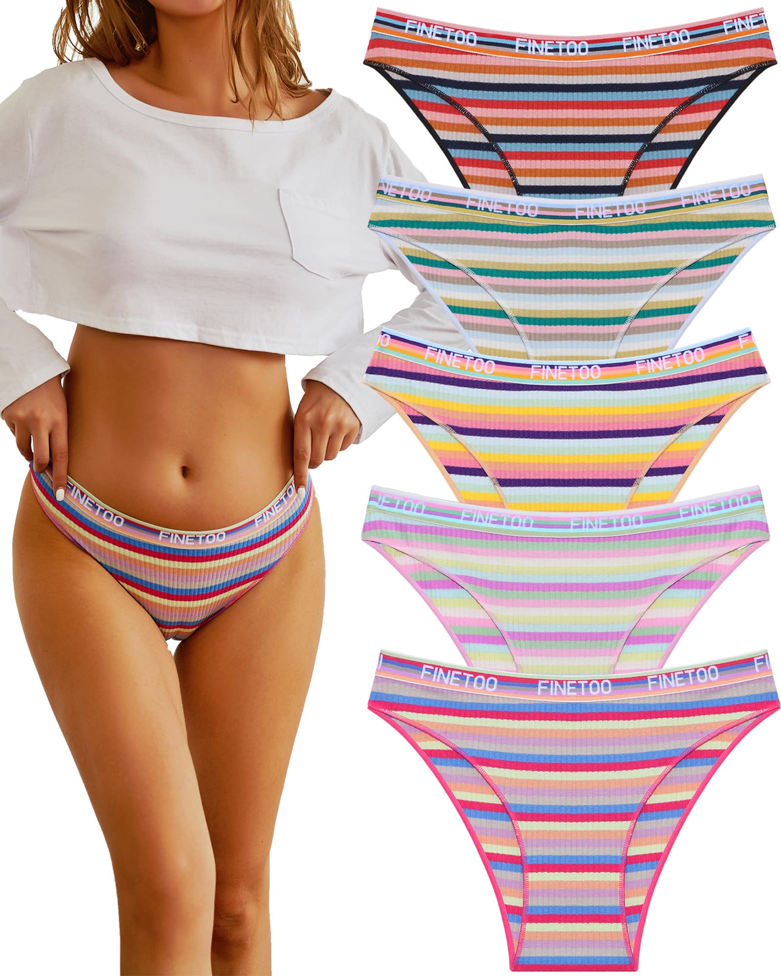 FINETOO Confezione da 5 Slip da Donna in Cotone, Biancheria Intima da Donna, Arcobaleno, Sport, Hipster, Sexy, con Logo, Biancheria Intima Sportiva, Morbida, Cintura Sportiva