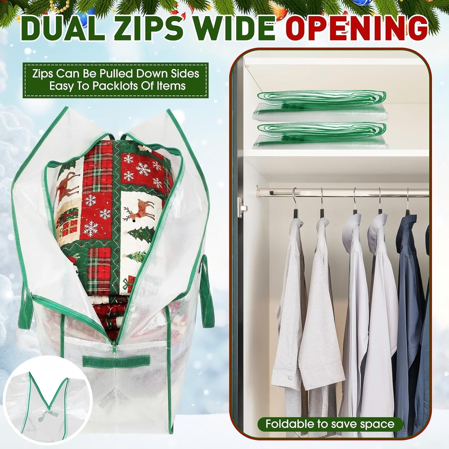4 Pack Extra Large Moving Bags Heavy Duty, 126 Gallon Clear Storage Bags with Reinforced Handles & Zipper, Waterproof Storage for Moving Clothes Bedding Christmas Seasonal Decorations (Green)