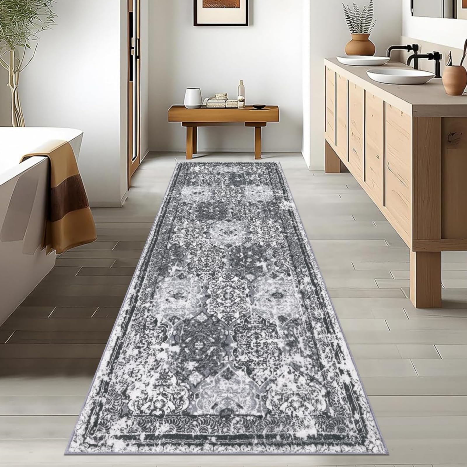 Enyhom Teppich Läufer 80 x 300cm Boho rutschfest Langer Vintage Boho Teppich Küche Hochwertig Läufer Flur Waschbar Flauschig Weich Läufer für Eingang Wohnzimmer, Dunkelgrau