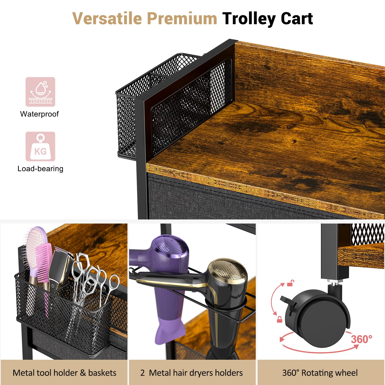 Salon Trolley Cart with Wheels, Metal Tool Holder, Basket and Drawer