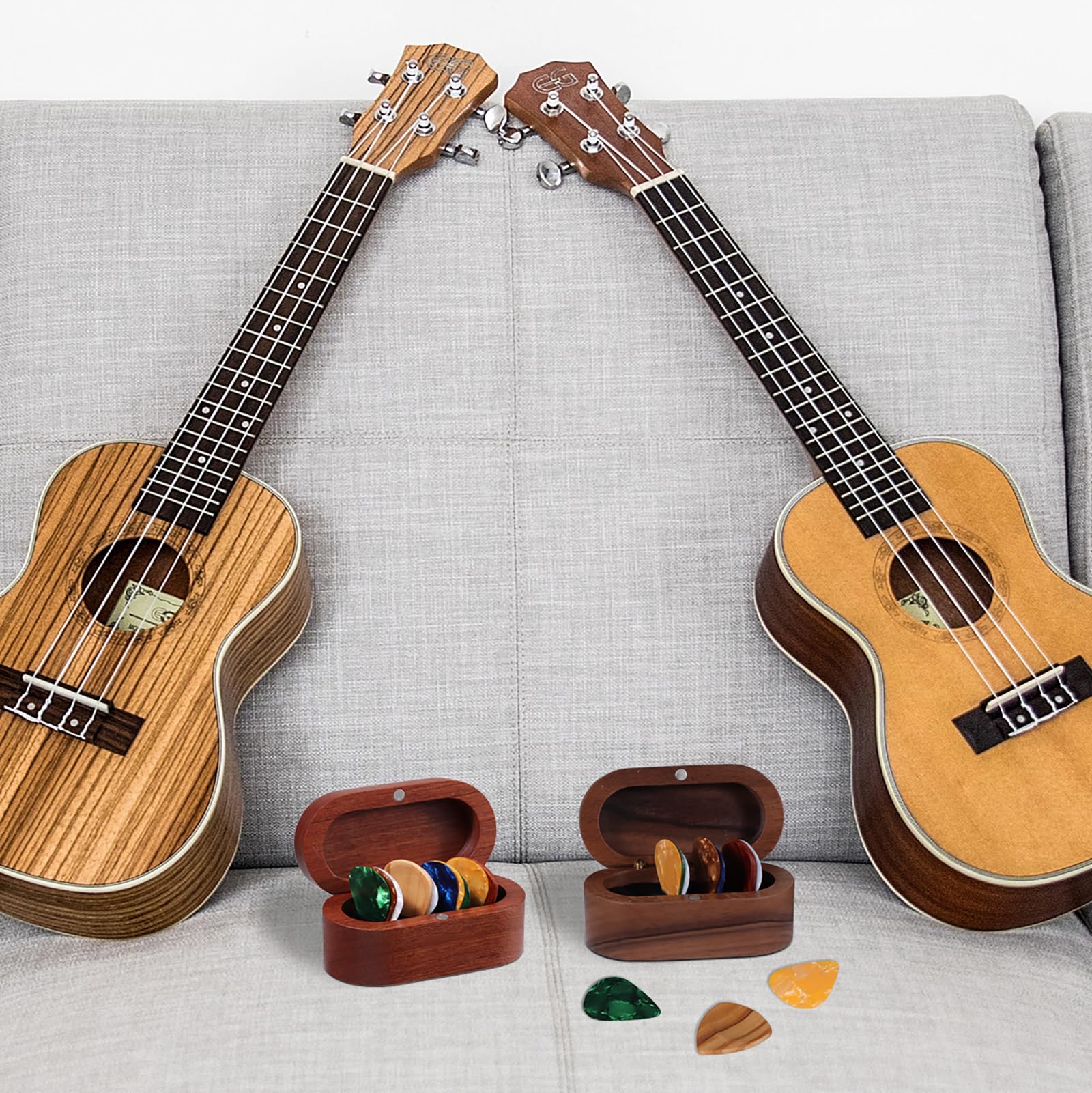 Walnut Guitar Plectrum Holder Set including 2 Color Wood Plectrums and 8 Celluloid Plectrums (4 Thicknesses),Mini Jewelry Box,Brown Wooden Trinkets,Box Size 3.35 * 1.77 * 1.57 inch (Ebony) - Image 4