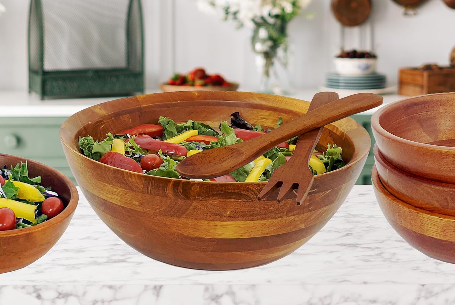 Woodard & Charles Wood 3 Piece Salad Serving Bowl Set, 10" x 4 1/2"