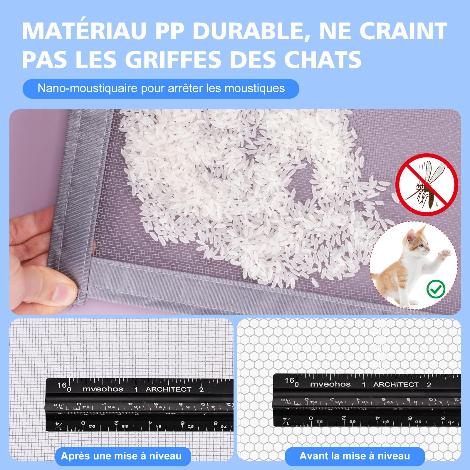 Moustiquaire Fenetre Adhésive avec Fermeture Éclair 110x120 cm Bande Auto-agrippante Transparent Tissu PP Respirant Réutilisable Lavable Gris Clair