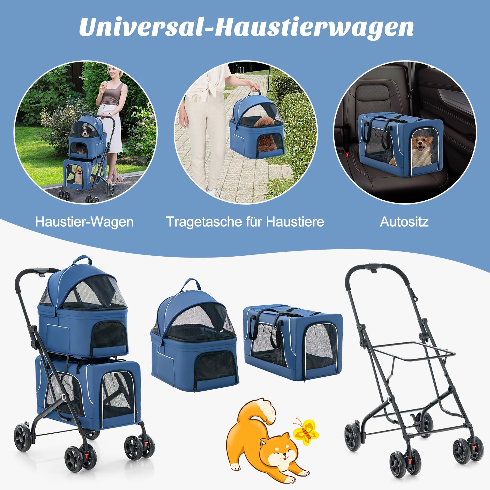 COSTWAY Wózek dla psów 3 w 1, 2 poziomy, do 16 kg, torba transportowa Oxford metal